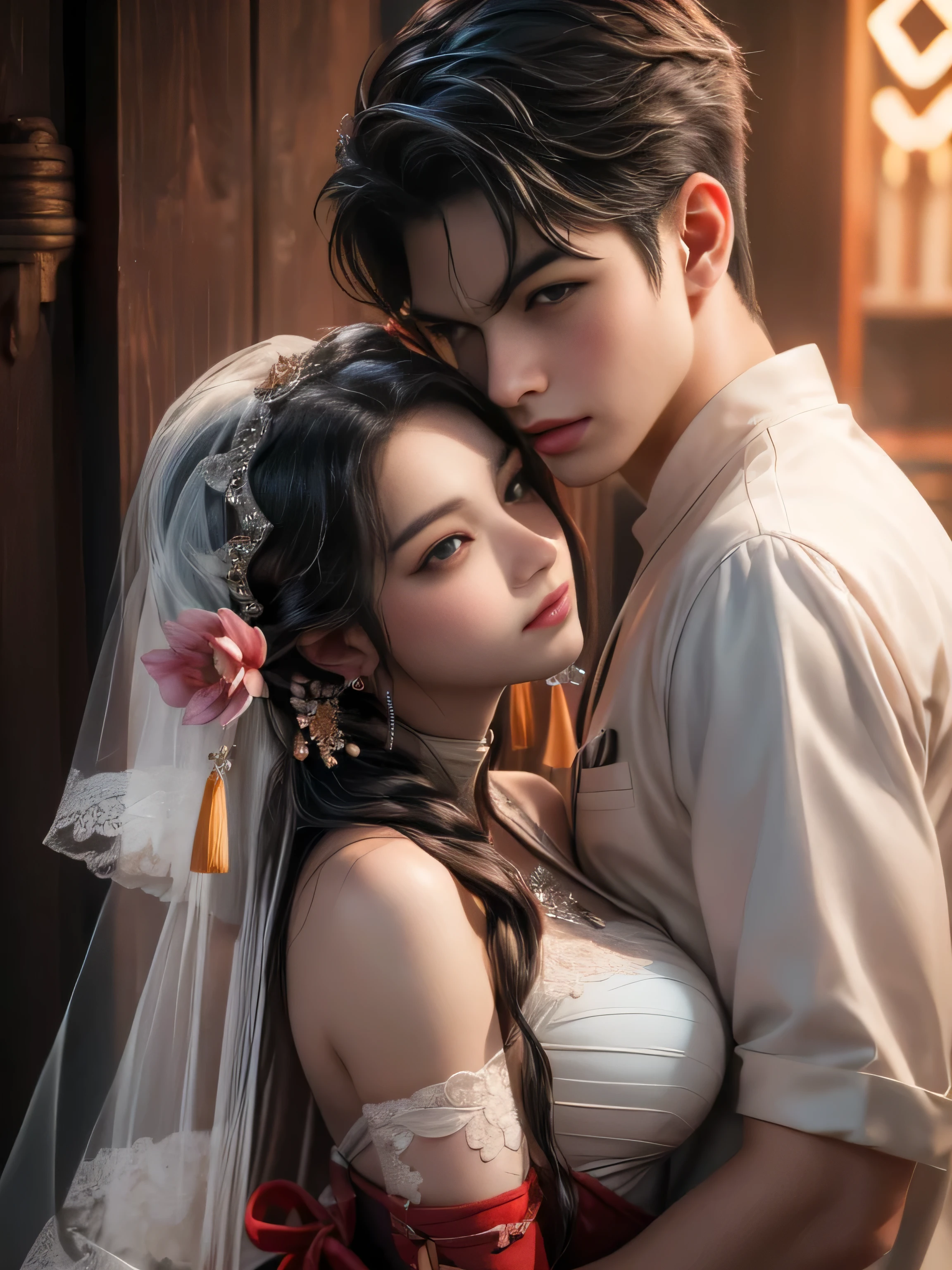 arafed image of a couple of asian man and woman hugging each other in Peach Garden, in wedding clothes, Peach Garden detailed background, xianxia fantasy, jingna zhang, game cg, wuxia, inspired by Chen Yifei, xianxia, xianxia hero, 2.5 d cgi anime fantasy artwork, heise jinyao, chinese fantasy, beautiful render of tang dynasty, heise-lian yan fang, (perfect full face:1.5), (high detail:1.1), detailed character, detailed eyes, detailed hands, detailed fingernails, 4k best quality, 8k character details, high quality anime art, high quality illustration, detailed anime wallpapers, detailed anime art, hyper-realistic, elegant, high quality realistic anime art