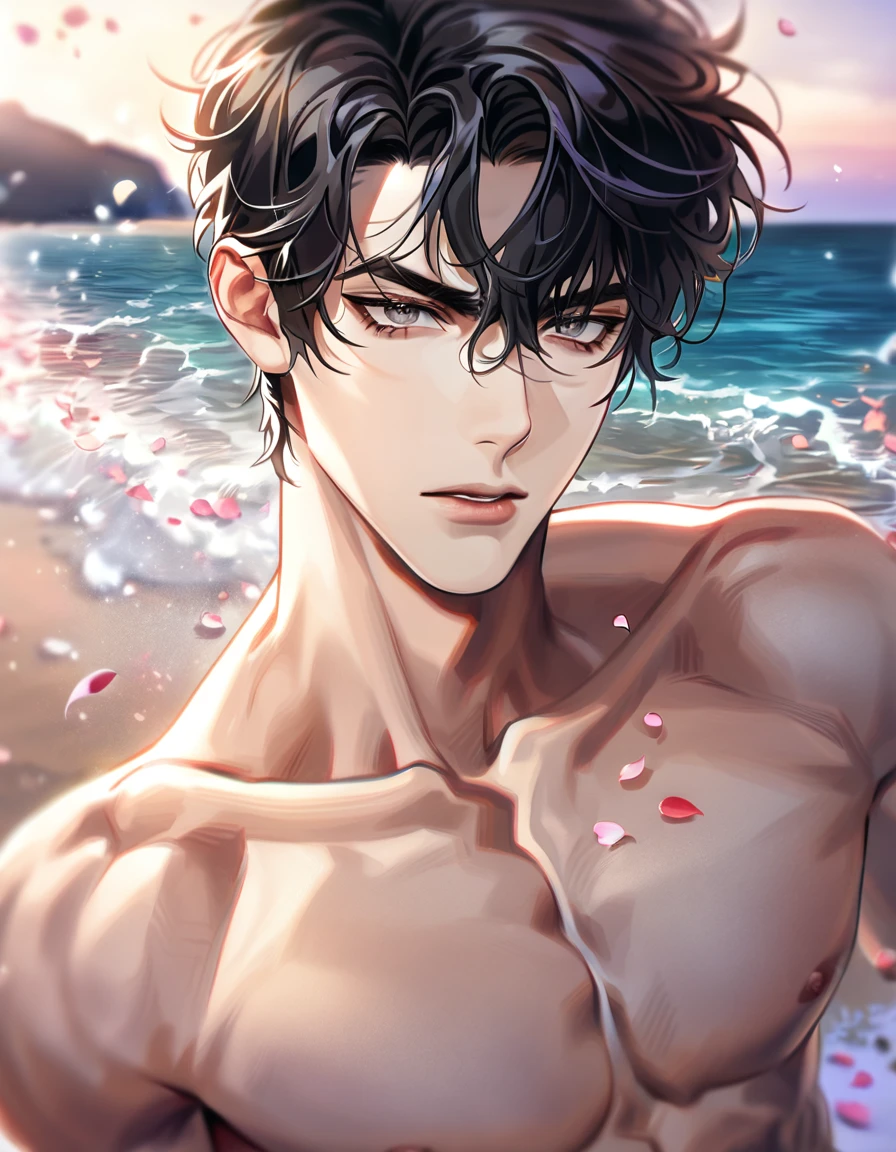 (absurdres, highres, ultra detailed, HDR) master piece, best quality, perfect face, delicated features, Yoo Joonghyuk, black hair, expressive gray eyes, Omniscient reader's viewpoint, solo, sexy man, handsome, bare chest, sea, beach, petals