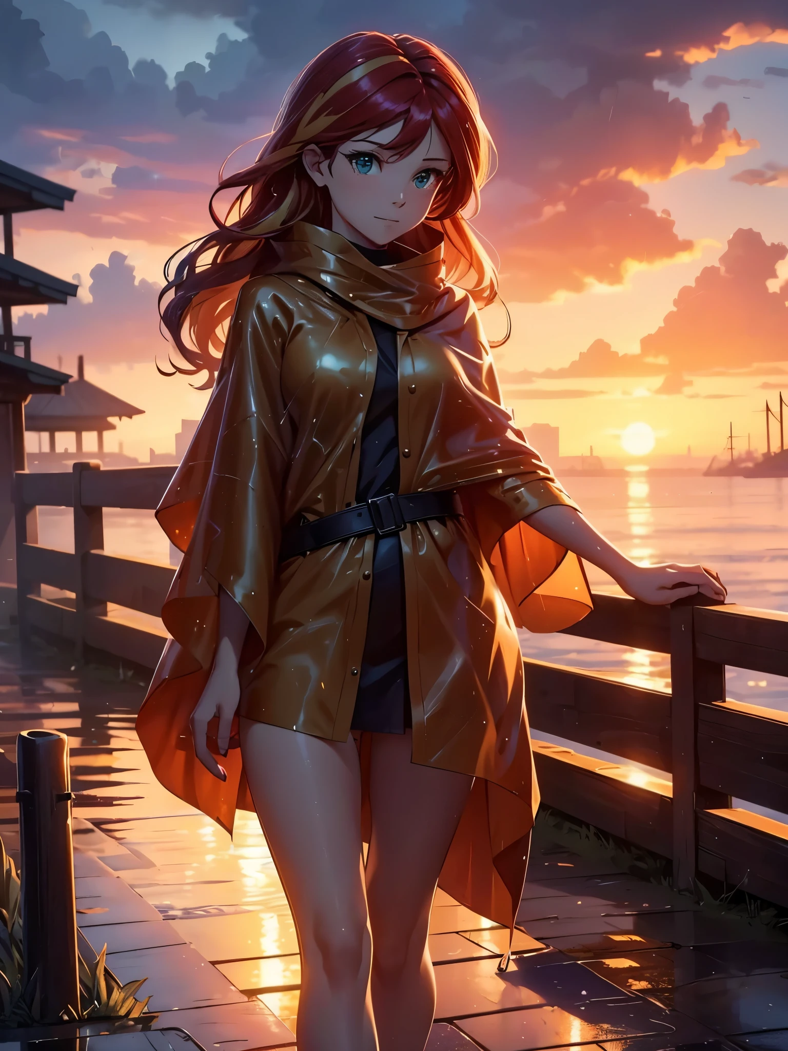The Stable Diffusion prompt for the given theme "sunset shimmer walking in the rain, naked, only wearing a poncho, wet" can be:
"girl walking in the rain, sunset shimmer,(best quality,4k,8k,highres,masterpiece:1.2),ultra-detailed,realistic,photorealistic:1.37,wet,poncho,natural lighting,reflective surfaces"