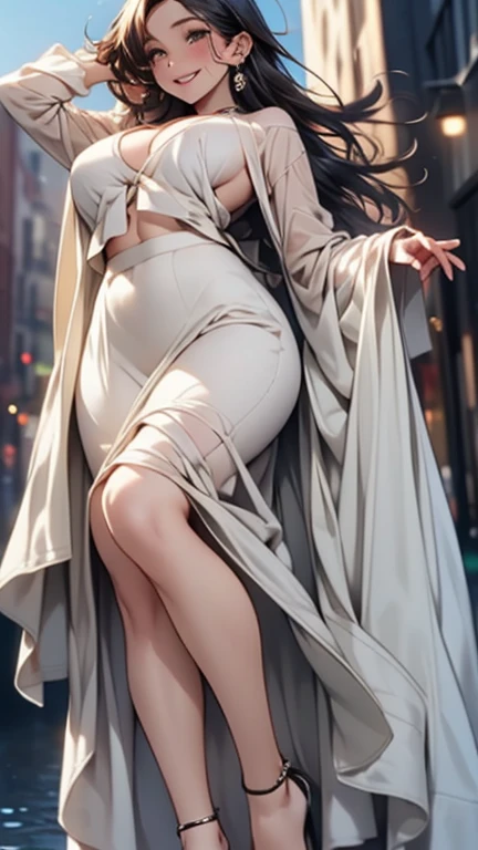 ((Biologically correct limb count))、(( Full body, including face))、4K、masterpiece、((Focus on the face))、((Symmetrical facial features))、Eyes with detailed description、Beautiful woman、Excellent style、Beautiful arms、Beautiful feet、Beautiful Hands、(thin)、Facial detailing、Large swaying earrings、necklace、(White shiny uniform、Shiny skirt、High heels、Glowing Skin）smile、（Beautiful feetのアップ）、Sweat、Realistic illustrations、Cleavage、Big slender eyes、blush、(Navel-baring look)、Waterfront、from below,