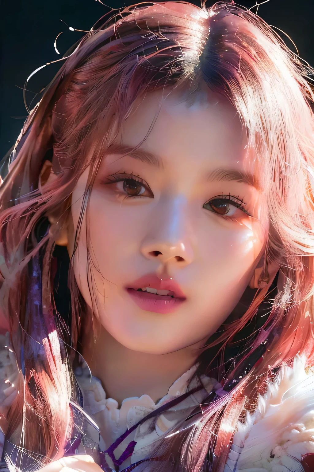 Mujer arafed con cabello rosado y un abrigo de piel posando para una foto., retrato suave 8 K, retrato de sana de twice, obra de arte al estilo de guweiz, Renderizado de retratos en 8k, retrato realista kawaii, retrato de jisoo rosa negro, guweiz, inspirado en Yanjun Cheng, guweiz en artstation pixiv,  Face Korean, Korean Woman, Korean Fem, K-pop group, K-pop Twice, Twice, Sana, Sana Face, Sana Twice, Minatozaki sana, Sana k-pop