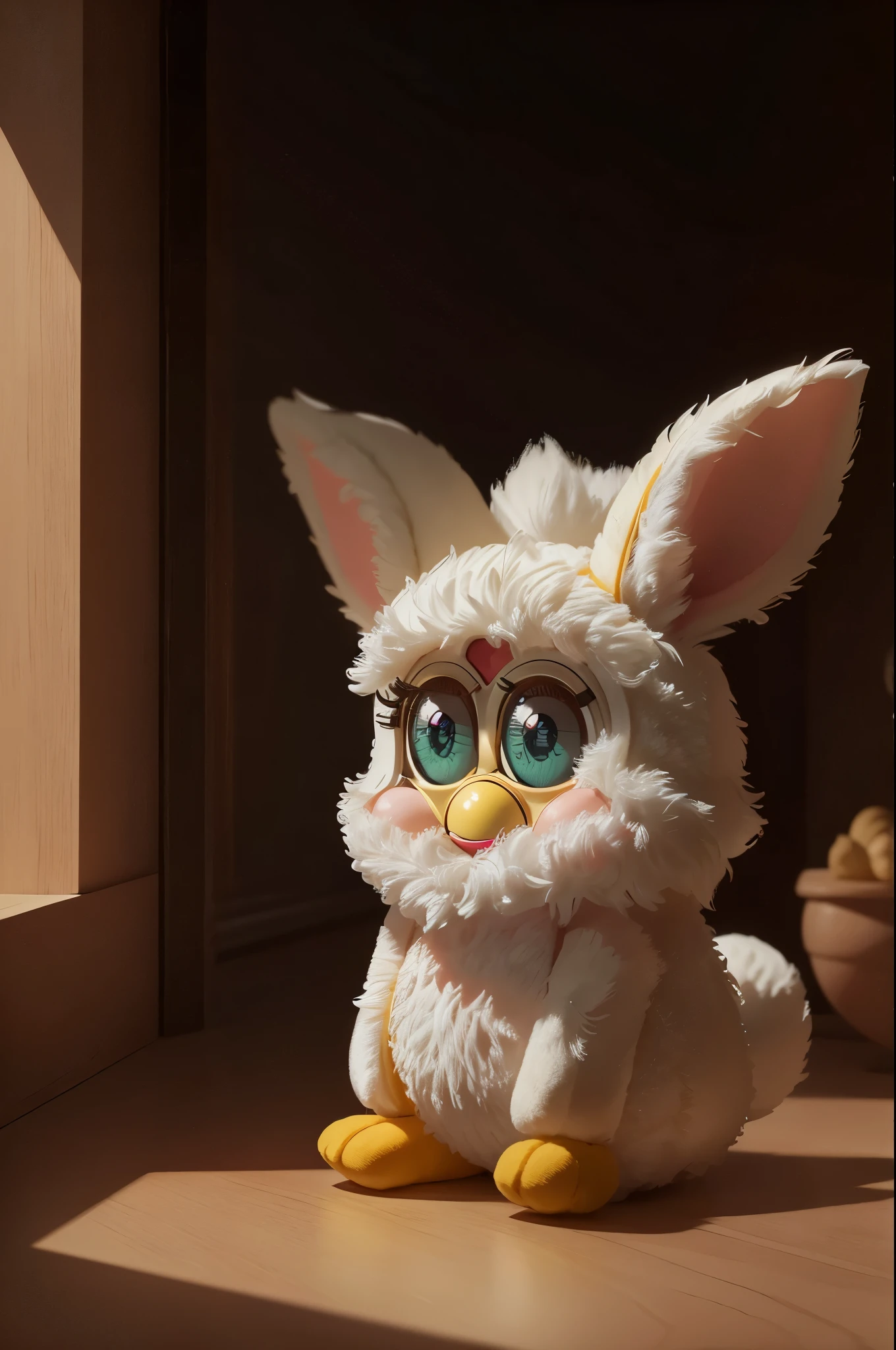 8K, rabbit, (furby toy: 1.2), cute, very vague, (detailed background),