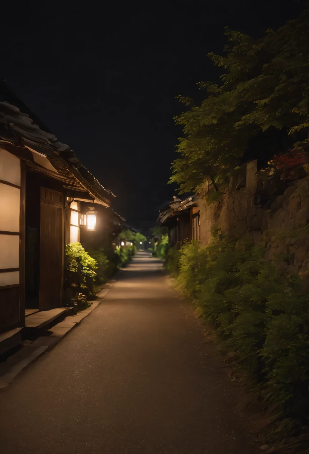 A deserted village in Japan、Night Alley、dim、dim street light、A wide, empty road