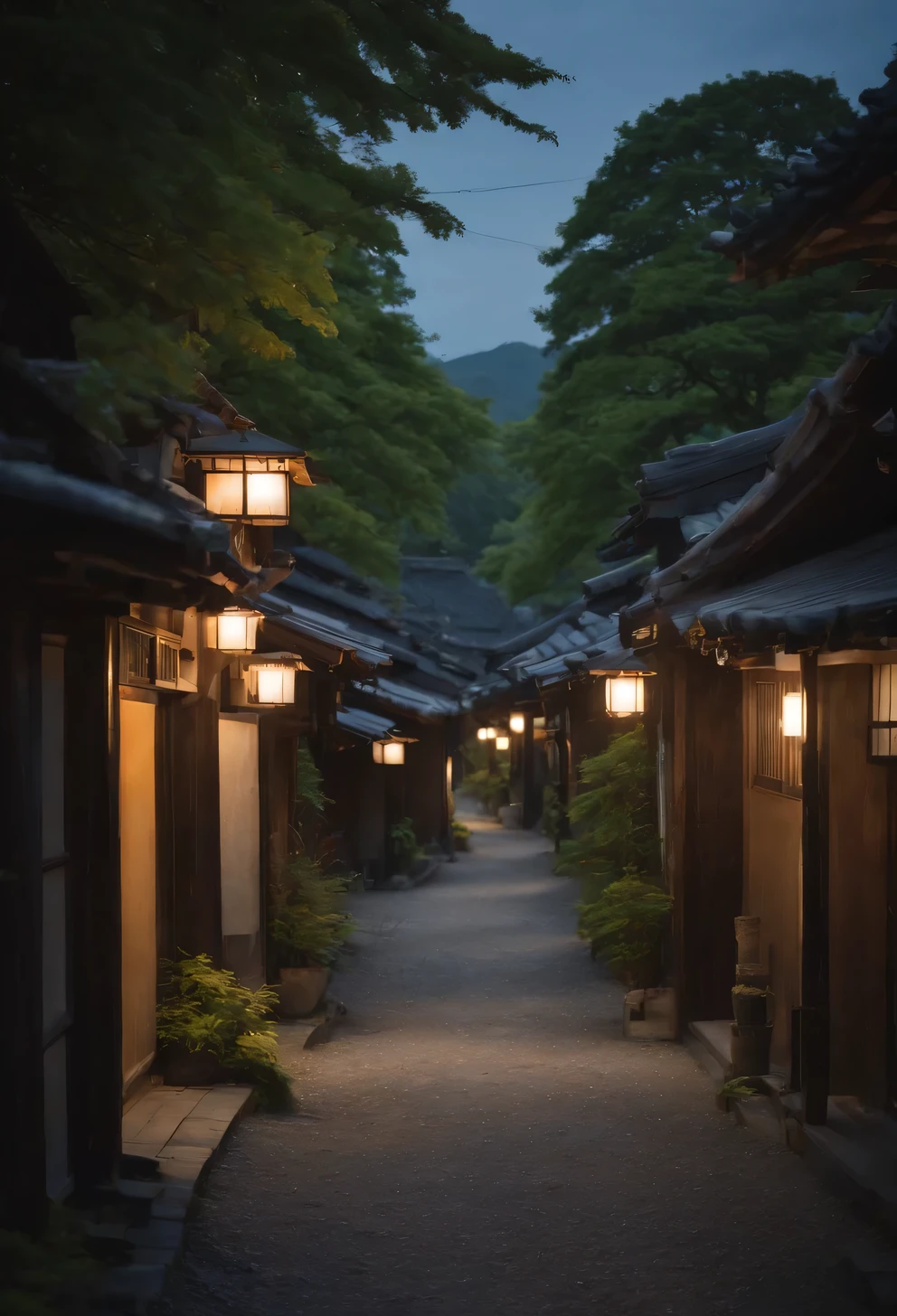 A deserted village in Japan、Night Alley、dim、dim street light、A wide, empty road