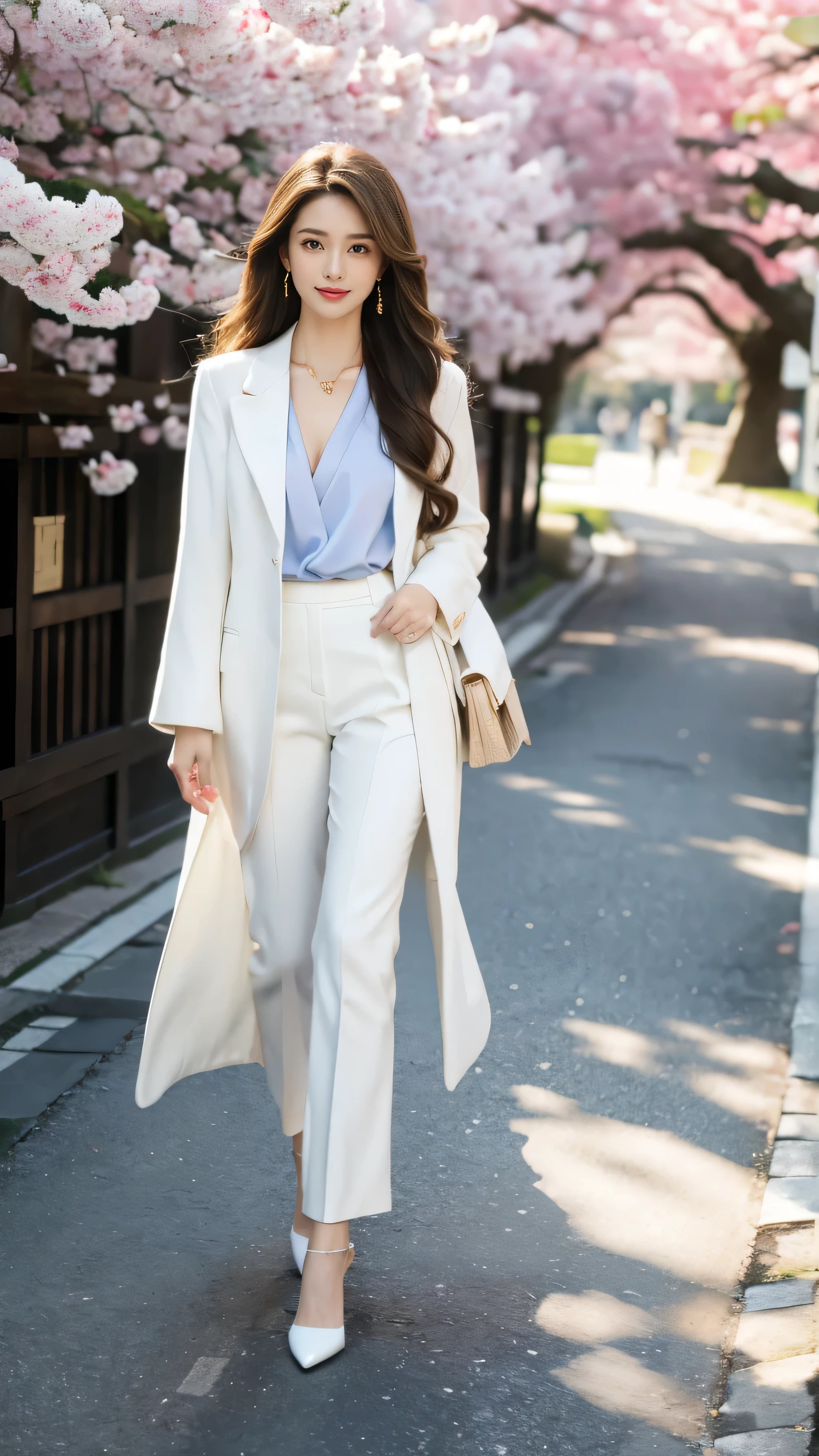 highest quality,masterpiece,Ultra-high resolution,(Actual:1.4),Original photo,Ultra-high resolution,8k,There are also women,Fair skin,Exquisite makeup,White high heels,Long legs,Bright and beautiful、Loosely inward wavy hair,Extra long brown hair_Hair reaching down to the waist,A shy smile、gold luxury necklace_Large earrings,walking in Kyoto with cherry blossoms、Wearing a satin white blouse, white pants suites、Shoulder bag、White long coat_Thin,running over here at a slight jog