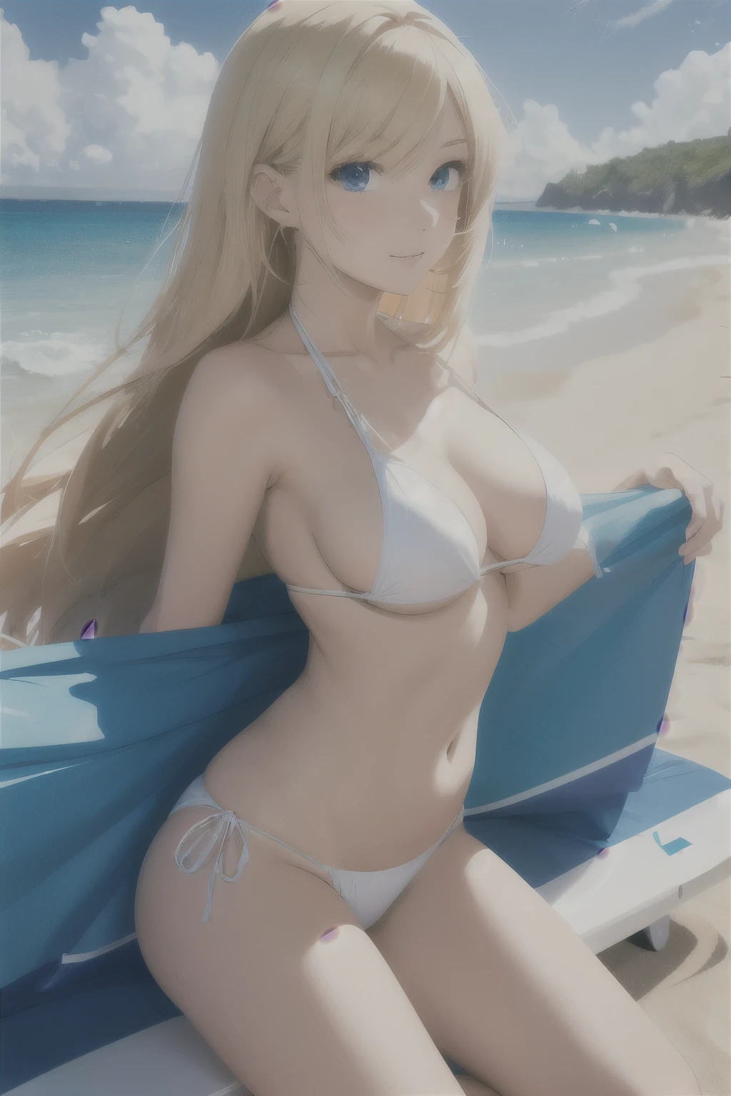 Anime girl with long blonde hair and blue eyes in a white bikini. On the beach