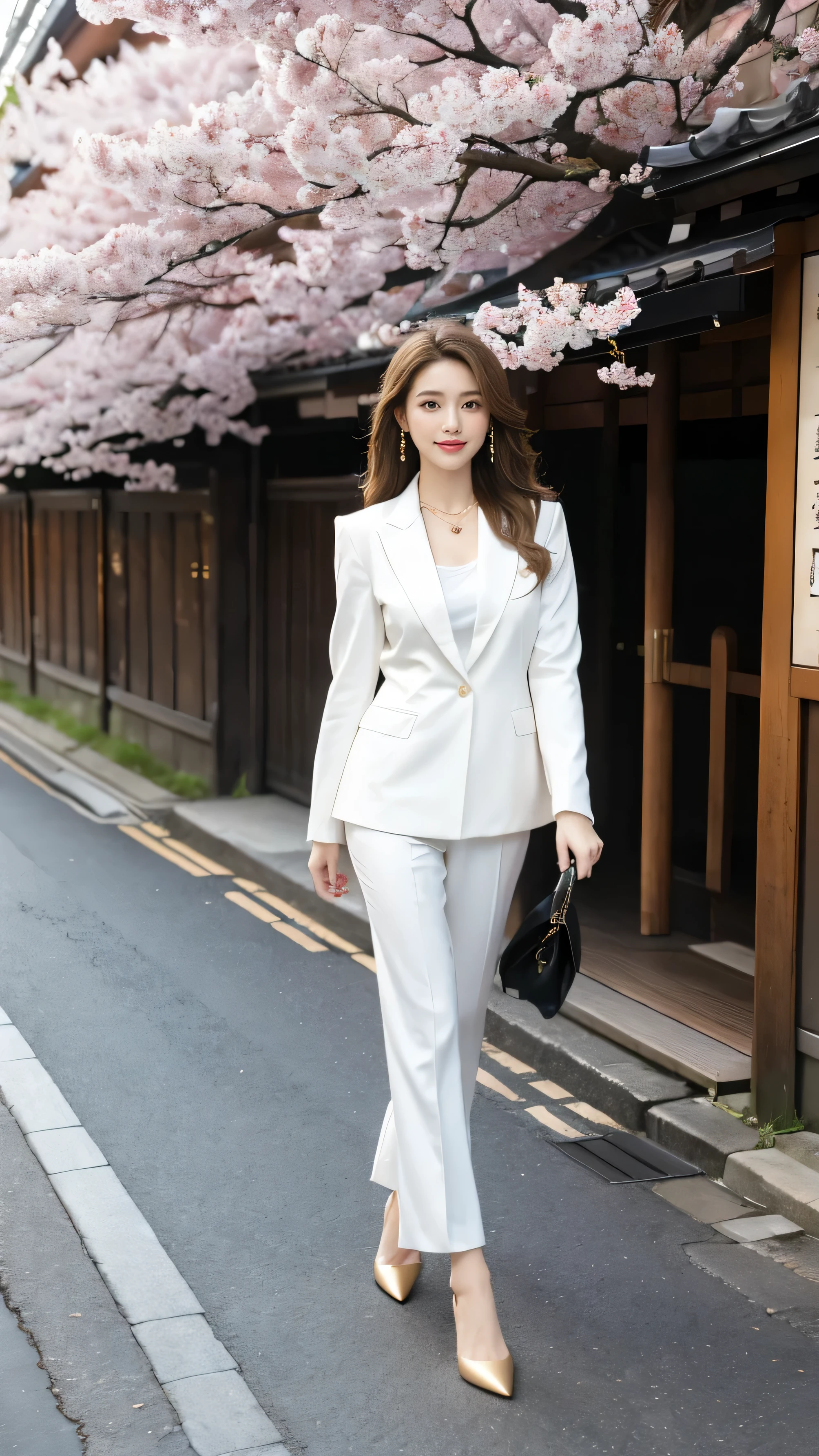 highest quality,masterpiece,Ultra-high resolution,(Actual:1.4),Original photo,Ultra-high resolution,8k,There are also women,Fair skin,Exquisite makeup,White high heels,Long legs,Bright and beautiful、Loosely inward wavy hair,Extra long brown hair_Hair reaching down to the waist,A shy smile、gold luxury necklace_Large earrings,walking in Kyoto with cherry blossoms、Wearing a satin white blouse, white pants suites、Shoulder bag、White long coat_Thin,running over here at a slight jog