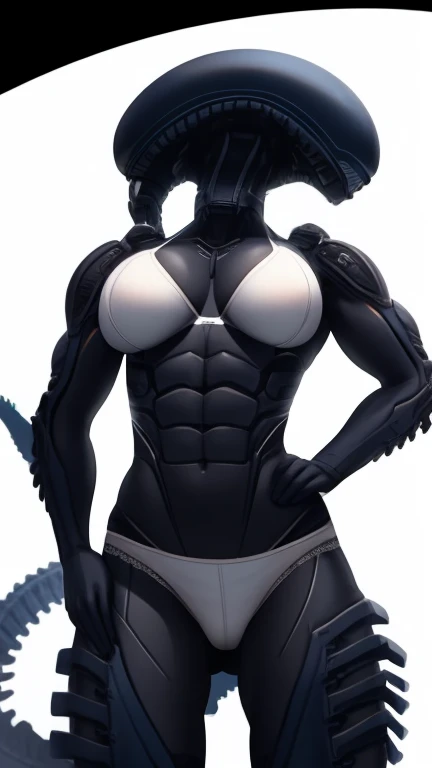 Female muscular xenomorph mother with white underpants and bra, white panties, white bra, frontal view, bra straps, panties, white background