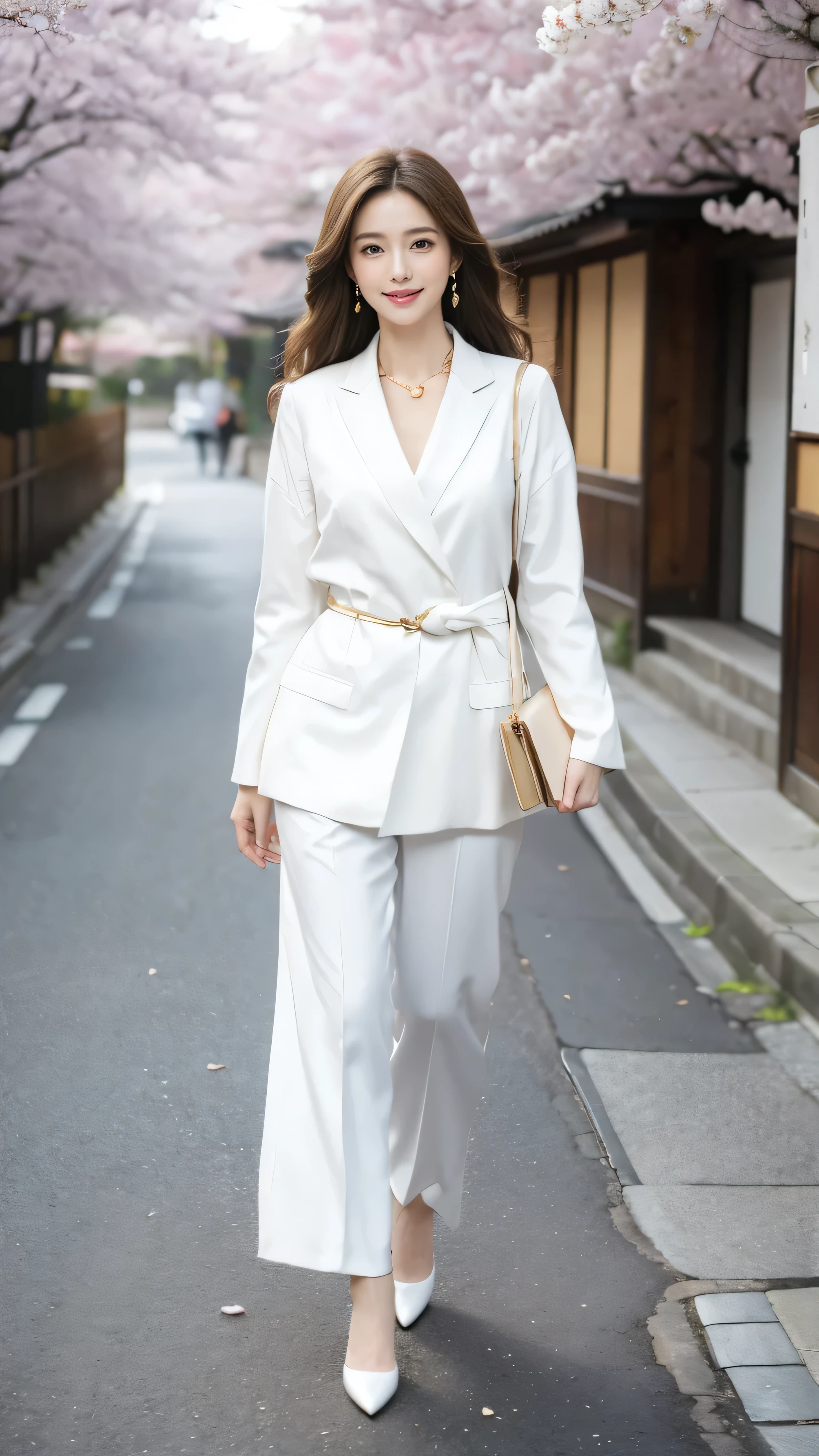 highest quality,masterpiece,Ultra-high resolution,(Actual:1.4),Original photo,Ultra-high resolution，8k，There are also women，Fair skin，Exquisite makeup，White high heels，Long legs，Bright and beautiful、Loosely inward wavy hair,Extra long brown hair_Hair reaching down to the waist,A shy smile、gold luxury necklace＿Large earrings,walking in Kyoto with cherry blossoms、Wearing a satin white blouse, white pants suites、Shoulder bag、White long coat＿Thin,running over here at a slight jog,smile_Running towards here_long flowing hair