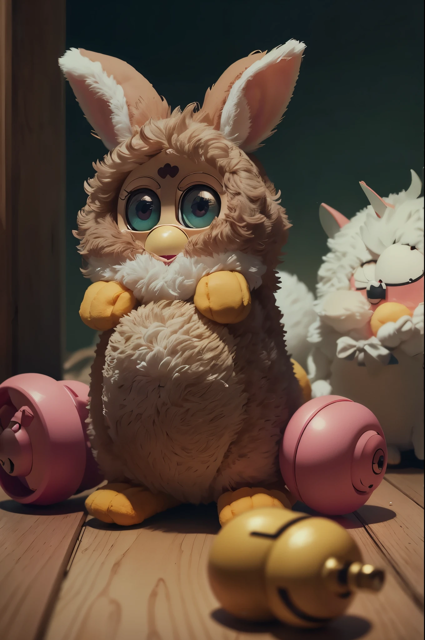 8K, rabbit, (furby toy: 1.2), cute, very vague, (detailed background),