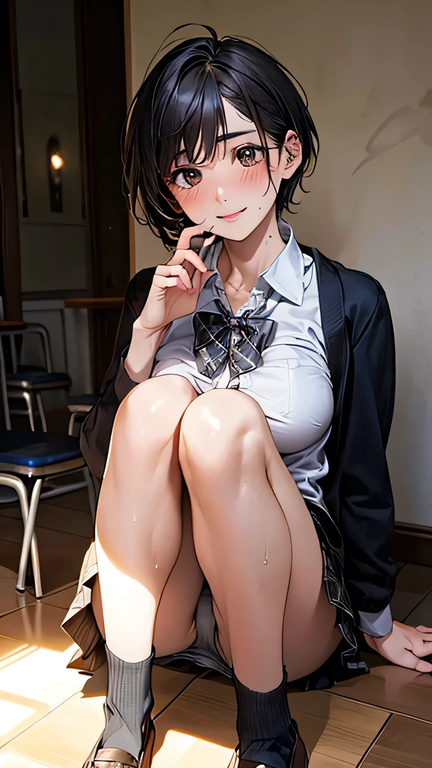 (masterpiece:1.2, highest quality), (Realistic, photoRealistic:1.4), Beautiful illustrations, (Natural Side Lighting, Cinema Lighting), Browsing Caution,
View your viewers, Japanese, high school girl, Perfect Face, Cute and symmetrical face, Shiny skin,
(short hair:1.5, Pixie Cut:1.4),Pin your bangs back, Red eyes, Long Eyelashes, (Large Breasts:0.6, Thick thighs),
Beautiful Hair, Beautiful Face, Beautiful fine details, Beautiful clavicle, Beautiful body, Beautiful breasts, Beautiful thighs, Beautiful feet, Beautiful fingers,
(Dark grey jacket), Smoke grey collared shirt, Dark grey pleated mini skirt, Black socks, Gray checked bow tie)),
(Beautiful views), wearing underwear, panties, panties, loose socks, black hair, lifting clothes, herself lift, plaid skirt, kawaii, blush, a smile, (sweat), Physical education sitting, beauty legs, Schools