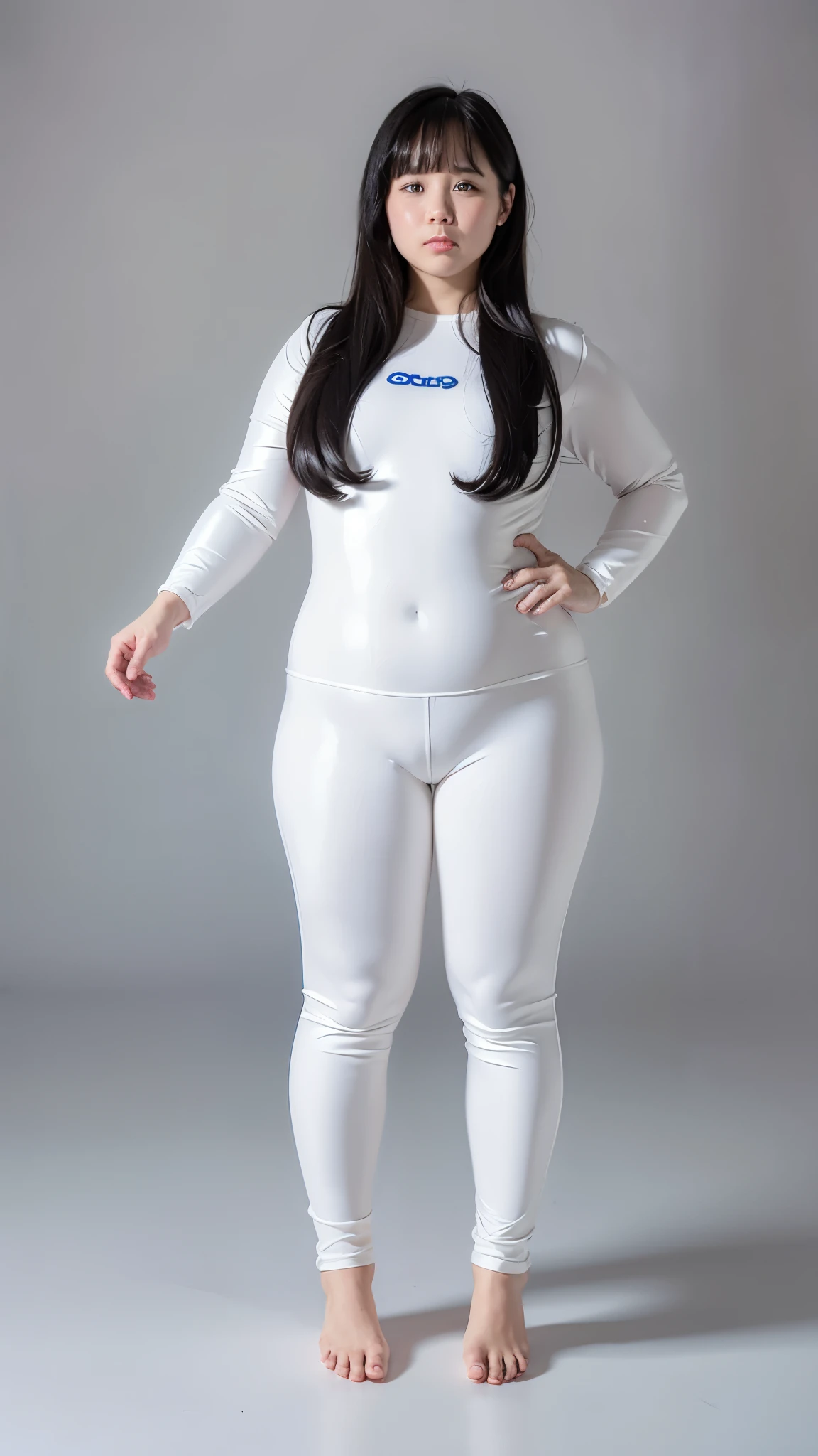 fat girl、Full body portrait、barefoot、Standing on tiptoes、A white rubber suit that fits perfectly to the body、Simple white background