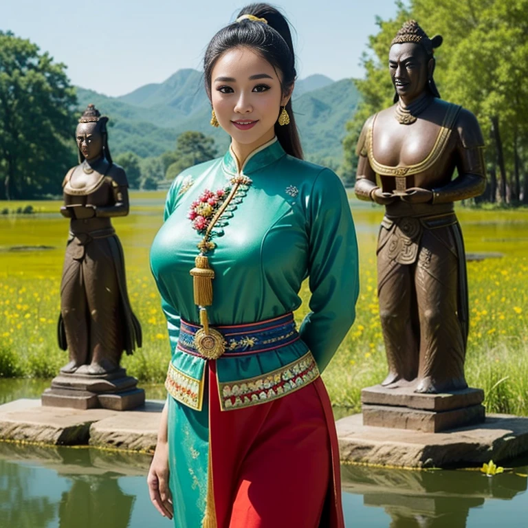(thai woman),((highponytail)),(forehead),(Oriental Folk Costumes:1.5),(enormous breasts:1.5),(Fantastic World:1.7),(Meadows and ponds:1.6), (Fictitious eastern-style and huge stone statues:1.3),big smile, (cowboy shot:1.4),8k, UHD,