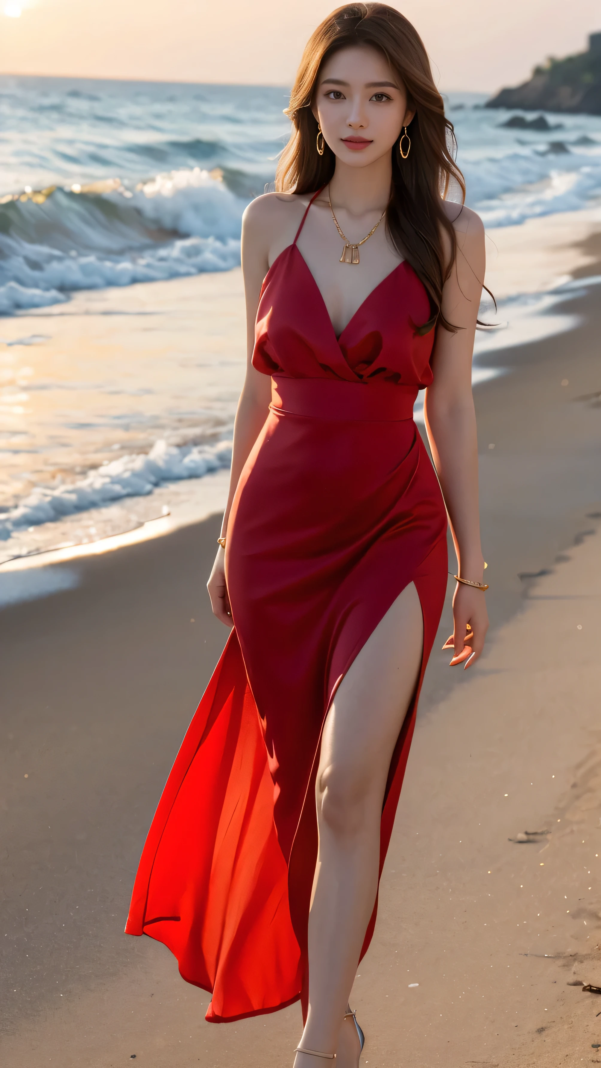 highest quality,masterpiece,Ultra-high resolution,(Actual:1.4),Original photo,Ultra-high resolution，8k，There are also women，Fair skin，Exquisite makeup，White high heels，Long legs，Bright and beautiful、Loosely inward wavy hair,Extra long brown hair_Hair reaching down to the waist,A shy smile、gold luxury necklace＿Large earrings,walking by the ocean at sunrise、wearing a red mini dress without back with Shoulders out