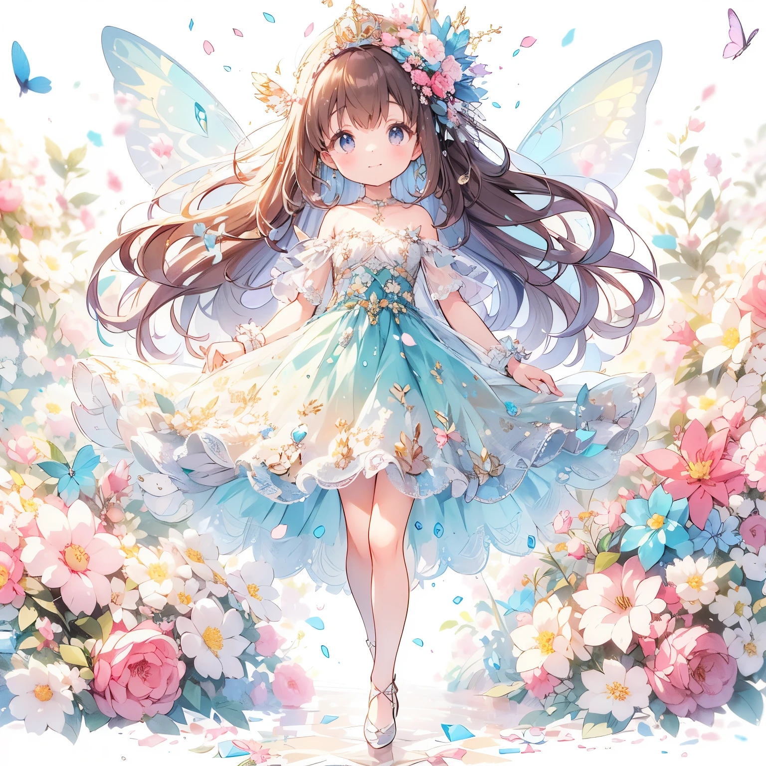 (Exquisite, beautiful, Very detailed, masterpiece, High resolution,high quality,High resolution),(Well-formed face,Soft and thin lines: 1.2, beautiful, Delicate and vivid illustrations with a mature and clear feel), 蝶のような羽が生えた妖精姫がflowerがたくさん植えられた豪華な庭でニコニコしながら歩いている,whole body,Princess's Castle,flower,flowerびら,(Transparent fairy wings grow from your back), (Beautiful dazzling smile), (tiara, Earrings, choker), Ball Gown Dress,Ribbons, lace and frills, (Pale pink blush, Plump pink lips,Large Bust,Fair skin, Good style),Bright colors,Eye-catching colors,Dynamic Angles