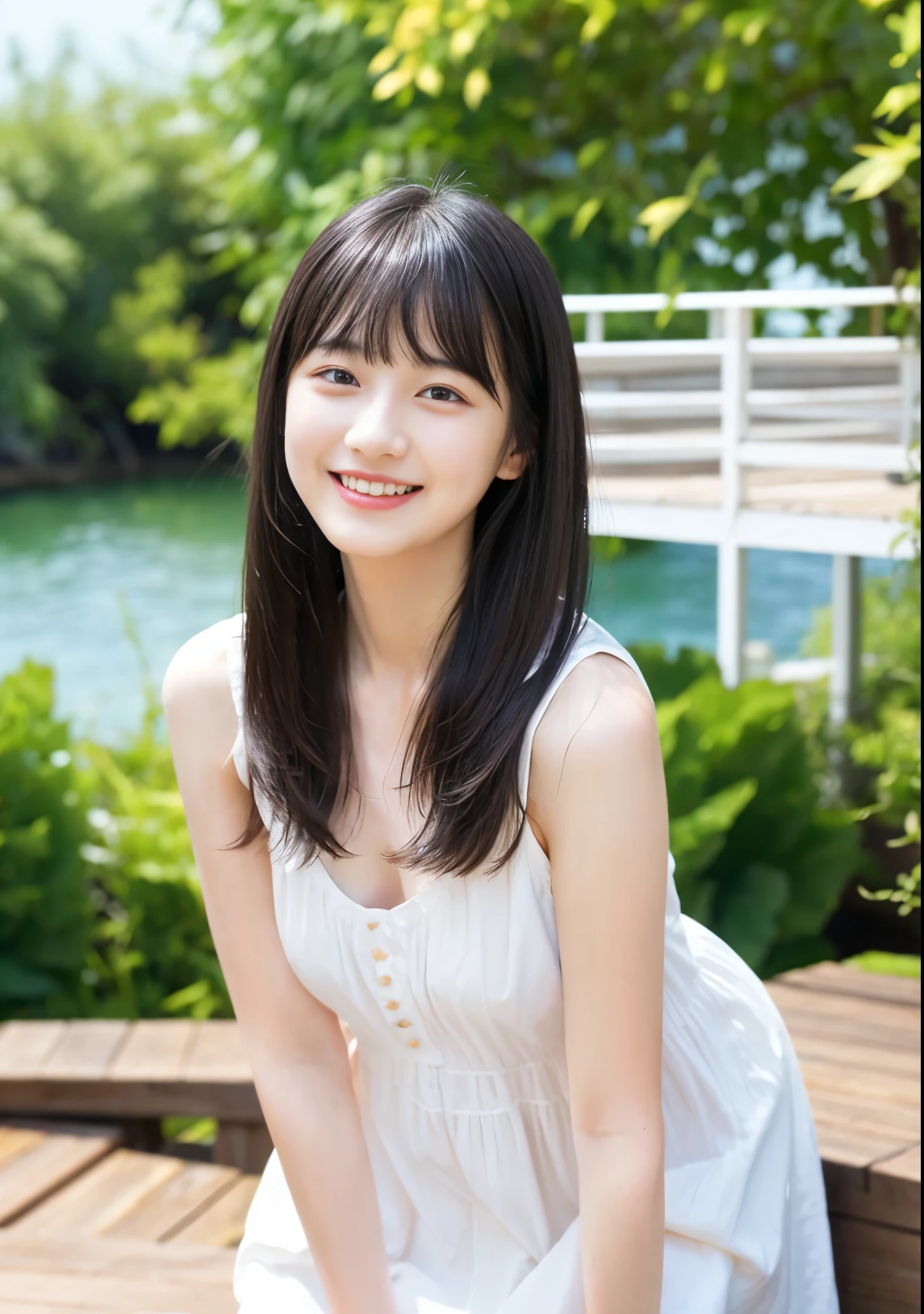 smile、8k、beautiful girl、 Natural body shape、White skin、Natural Makeup、Black Hair、bangs、Straight Long Hair、Summer Dresses、On the wooden deck facing the garden、deck with sea view