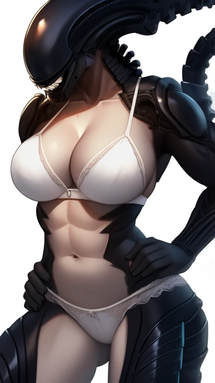 Female muscular xenomorph mother with white panties and bra, white panties, white bra, frontal view, bra straps, panties, white background