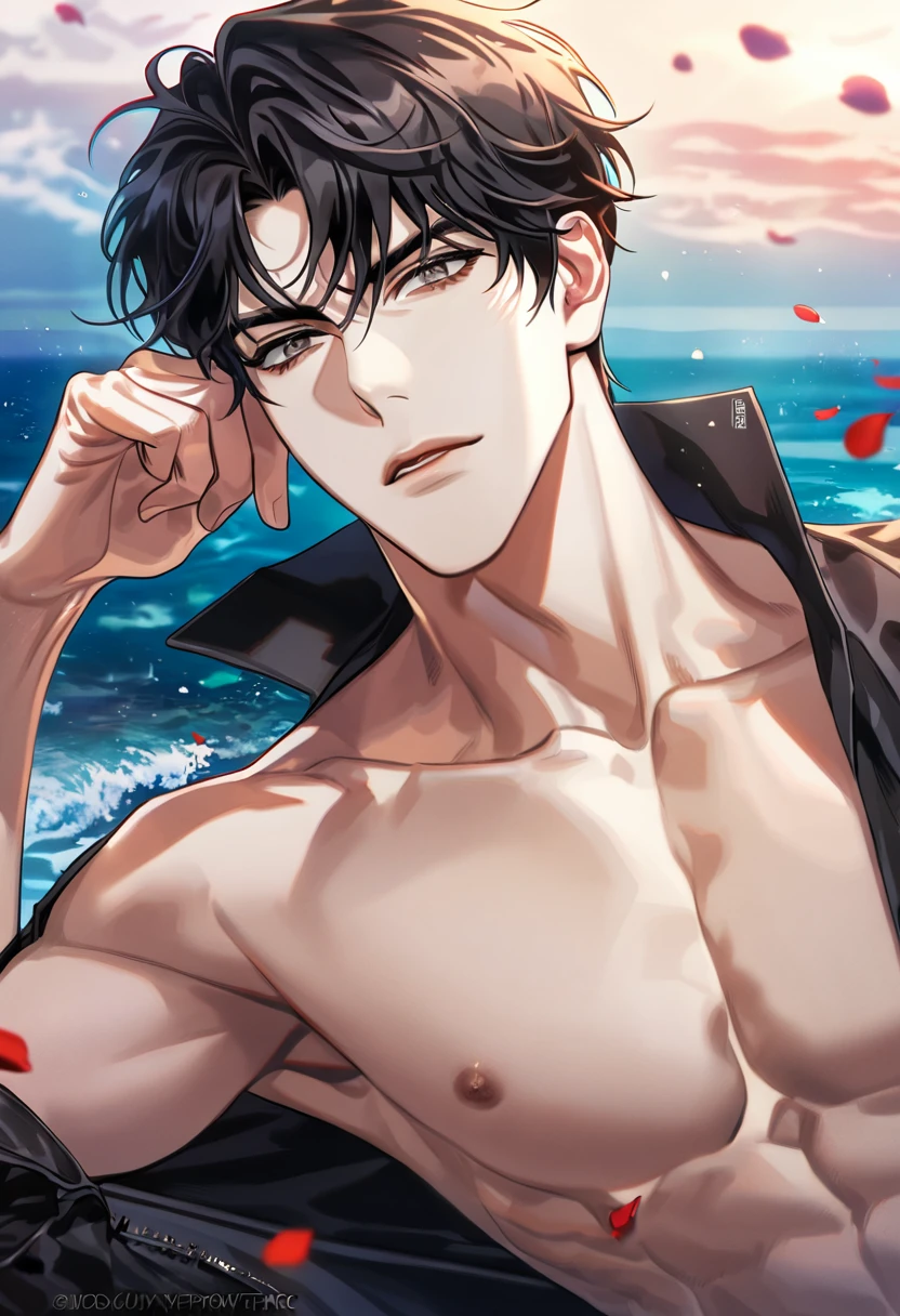 (absurdres, highres, ultra detailed, HDR) master piece, best quality, perfect face, delicated features, Yoo Joonghyuk, black hair, expressive gray eyes, Omniscient reader's viewpoint, solo, sexy man, handsome, bare chest, sea, beach, petals