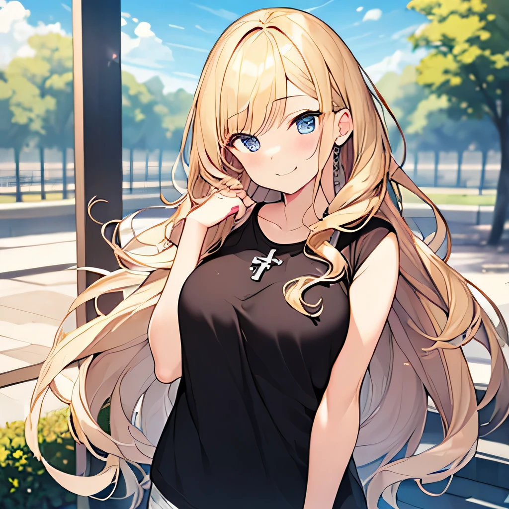 masterpiece、highest quality,Very detailed, Absurd beauty、1 beautiful girl、 (Long Hair、blonde、Ample breasts), Curly Hair、Keep your head small、Casual clothing、Summer clothes、Cross your arms under your chest、Big smile、Shyness