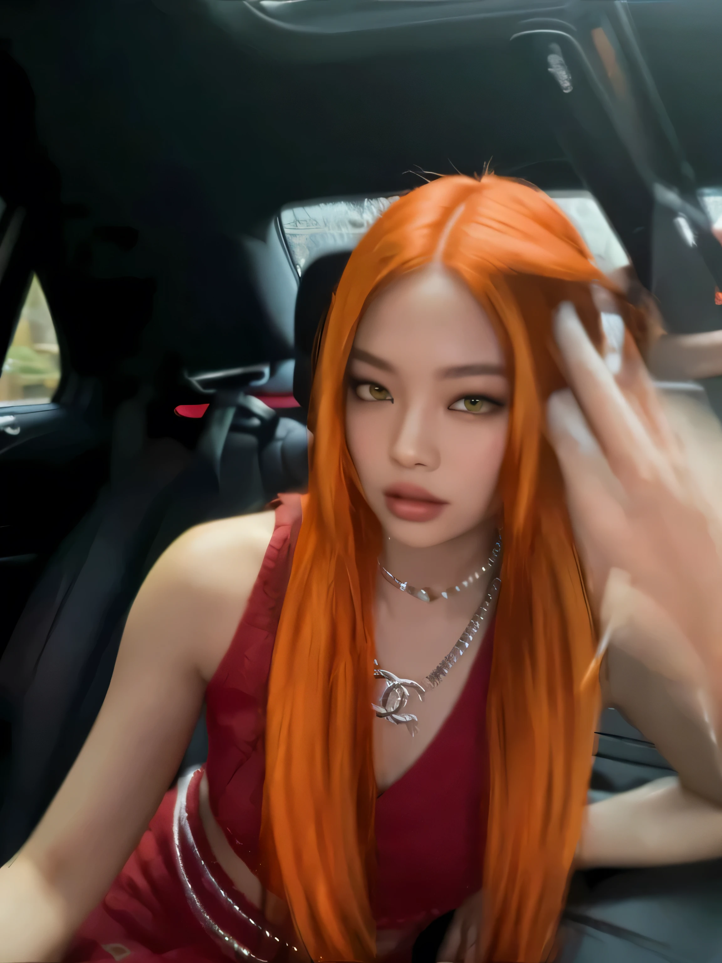there is a woman with pelo naranja sitting in a car, she has long redpelo naranja, portrait of jossi de blackpink, jossi de blackpink, Piel de naranja y pelo largo y ardiente., Jennie rosa negra, parque roseanne de blackpink, She has long orange-brown hair., jia, pelo naranja, long pelo naranja, cabello naranja brillante, con el pelo largo y rojo, Con cabello rojo