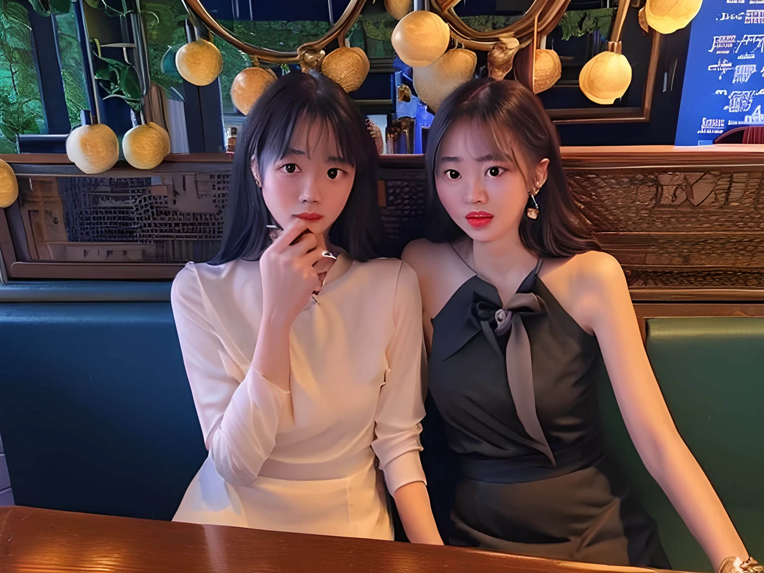Two women sitting at a table in a restaurant,Holding the phone, Ruan Jia and Fenghua Zhong, wenfei ye, Ruan Jia and Brom, 8k selfie photo, 🤬 🤮 💕 🎀, Nguyen Chia and Mandy Jurgens, 29 years old, Photo taken in 2 0 2 0, ivy, 2 7 years old