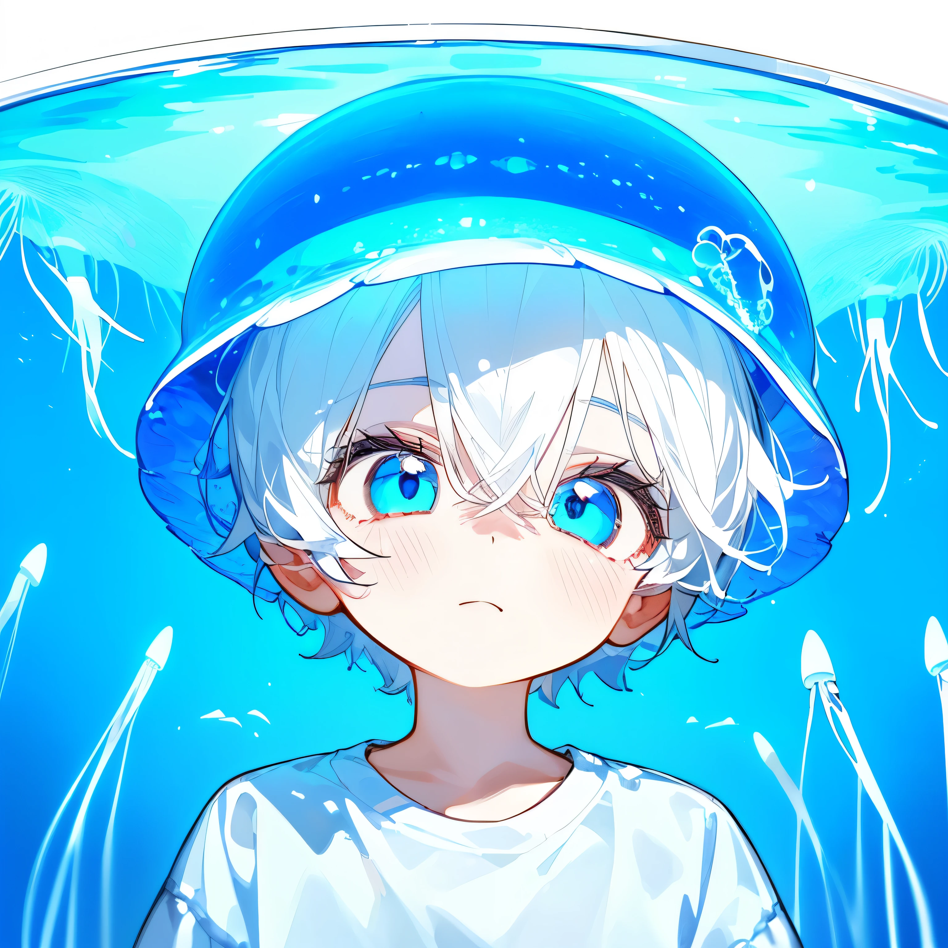 (high quality, thrilling),(expressive eyes, perfect face), (white hair), ((1 boy)), male, alone, short, little boy, (wearing a blue shirt), (wearing a jellyfish hat), The background is an aquarium