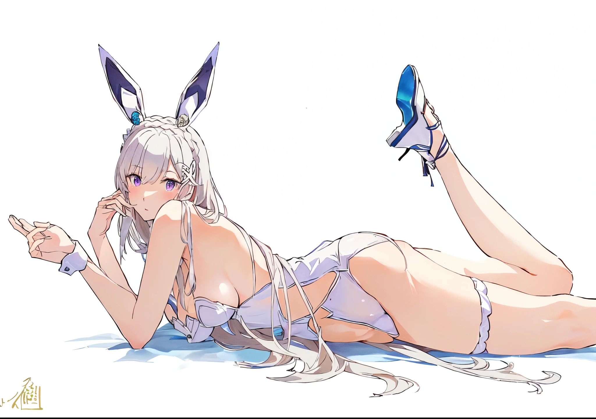 Emilia re:zero, purple eyes, Emilia, crown braid, x hair ornament, flower hair ornament, white hair, long hair, medium breasts, anime girl laying on the floor with bunny ears and a pair of shoes, bunny girl, ultrarealistic sweet bunny girl, bunny leg, render of april, with bunny ears, seductive anime girl, with long floppy rabbit ears, azur lane style, characters from azur lane, rabbt_character, pixiv 3dcg, from girls frontline, playboy bunny