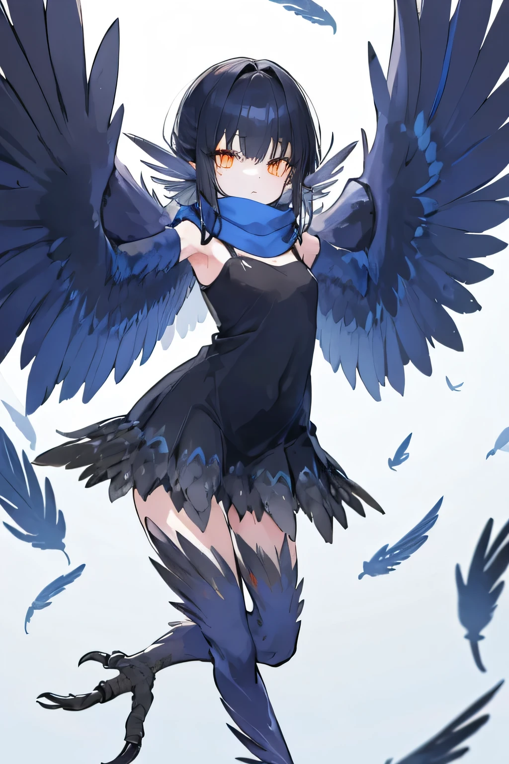 ((harpy winged arms:1.4))beautiful black hair,blunt cut ,orange eyes,blue scarf,black feather,raven,