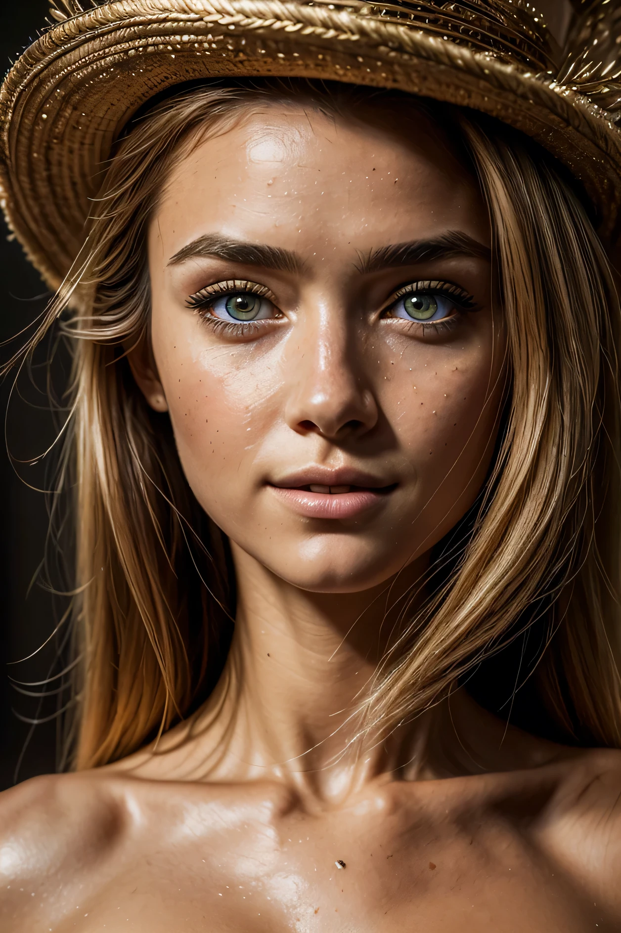 (((Masterpiece))), extremely realistic, vivid details, extremely detailed, 4k, Ultra beautiful european woman close up, ((close up face 1.8)), She is extremely beautiful with sharp edges, perfect face, perfect geometry, geometrically symmetrical, sexy cat eye makeup, blonde hair, Face closeup, ultra realistic eyes,smile,(smile with eyes), (direct eye contact with camera 1.5),ultra detailed eyes, (depth in eyes 1.3),(realistic human skin:1.6), ultra detailed skin texture,PBR Textures,Super Resolution, Multi-layer Textures, Magical vibe in the pic, mystical