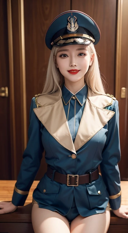 best quality, 4k, 8k, Beautiful Girl, Korean makeup, Red lips, Platinum hair, smiling, clear face, thigh, Perfect body, medium chest, Military attire, 2nd World War Costume, WW2, Military blue outfit, Military View,