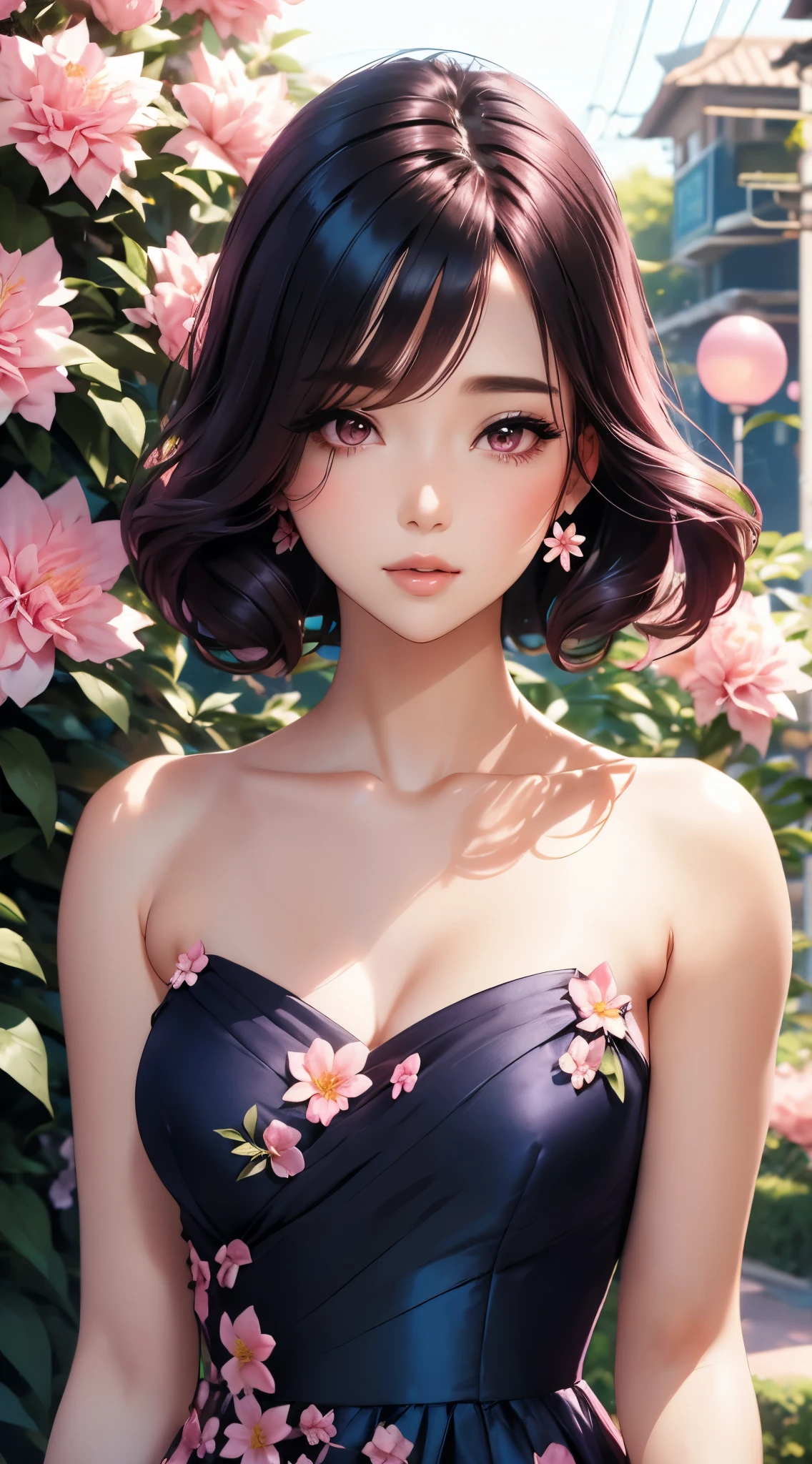 a woman in a jasmine pink dress standing in front of flowers, beautiful comic art, beautiful alluring anime woman, beautiful anime woman