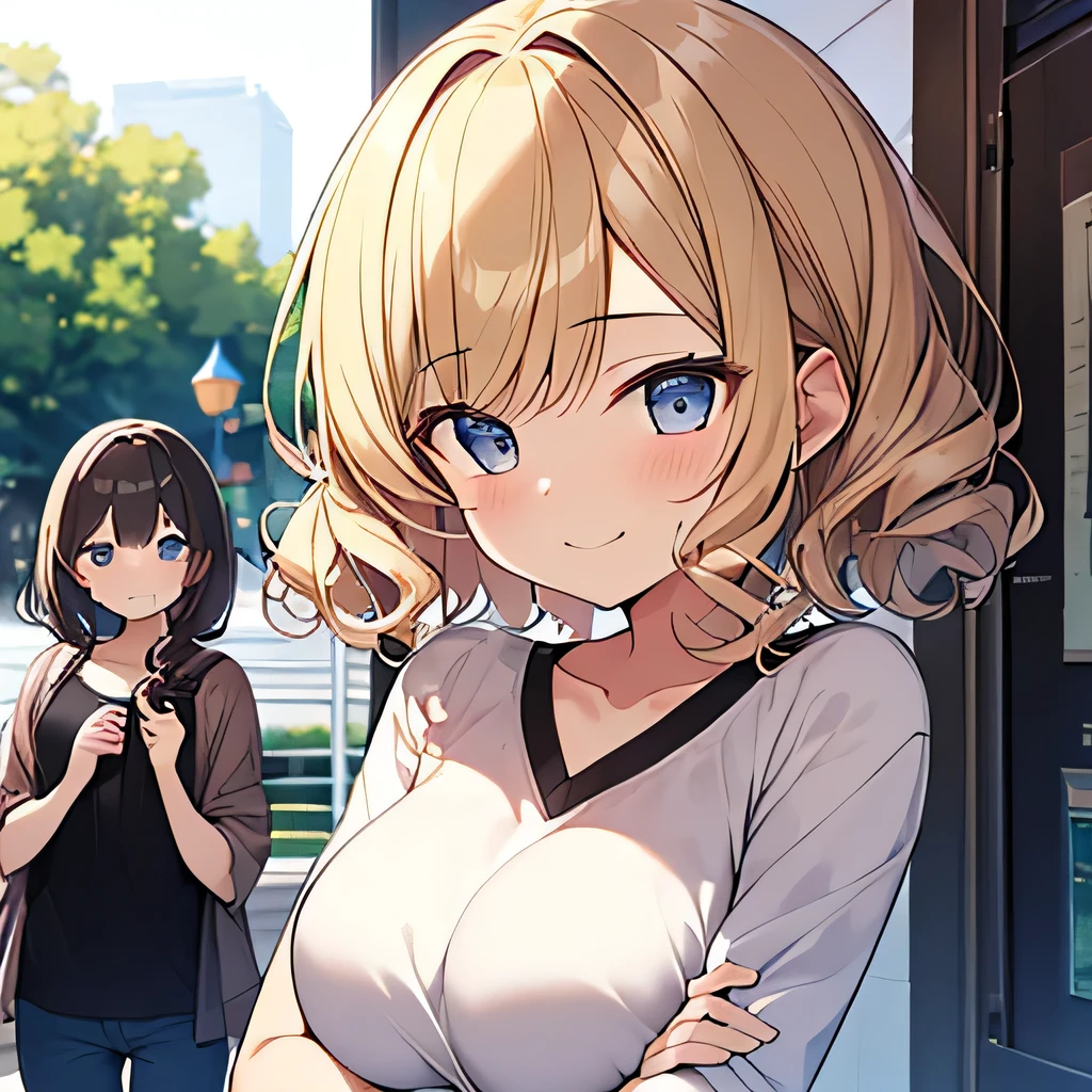 masterpiece、highest quality,Very detailed, Absurd beauty、1 beautiful girl、 (short hair、blonde、Ample breasts), Curly Hair、Keep your head small、Casual clothing、Summer clothes、Cross your arms under your chest、Big smile、Shyness