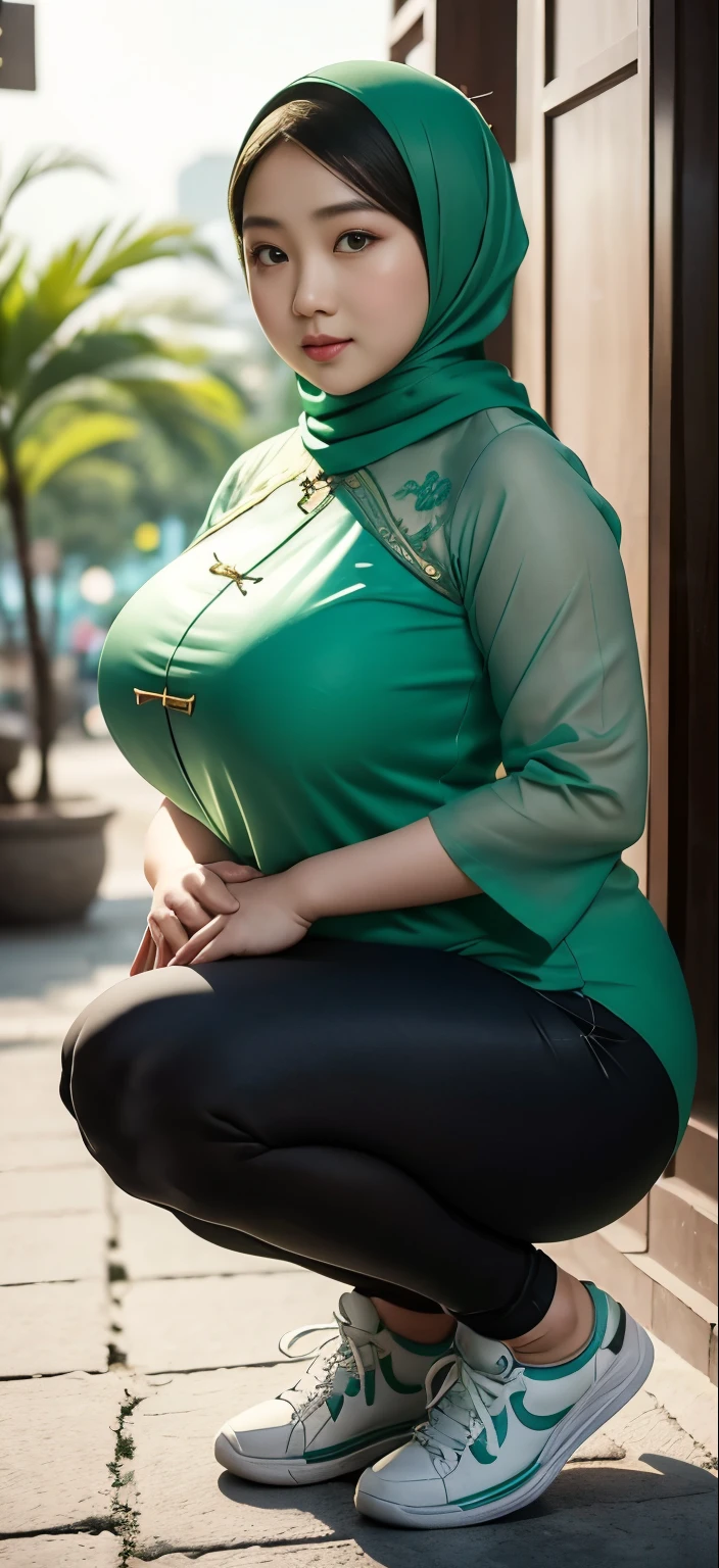 1 chinese-Indonesian girl, modern plain hijab, shy, medium portrait, watery eyes, wearing pastel green kebaya, ((big breasts)), black bokeh background, well-proportioned body,, chubby massive thighs, full body pose, Hena art on the body, hena art the face, full body view , wearing white sneakers