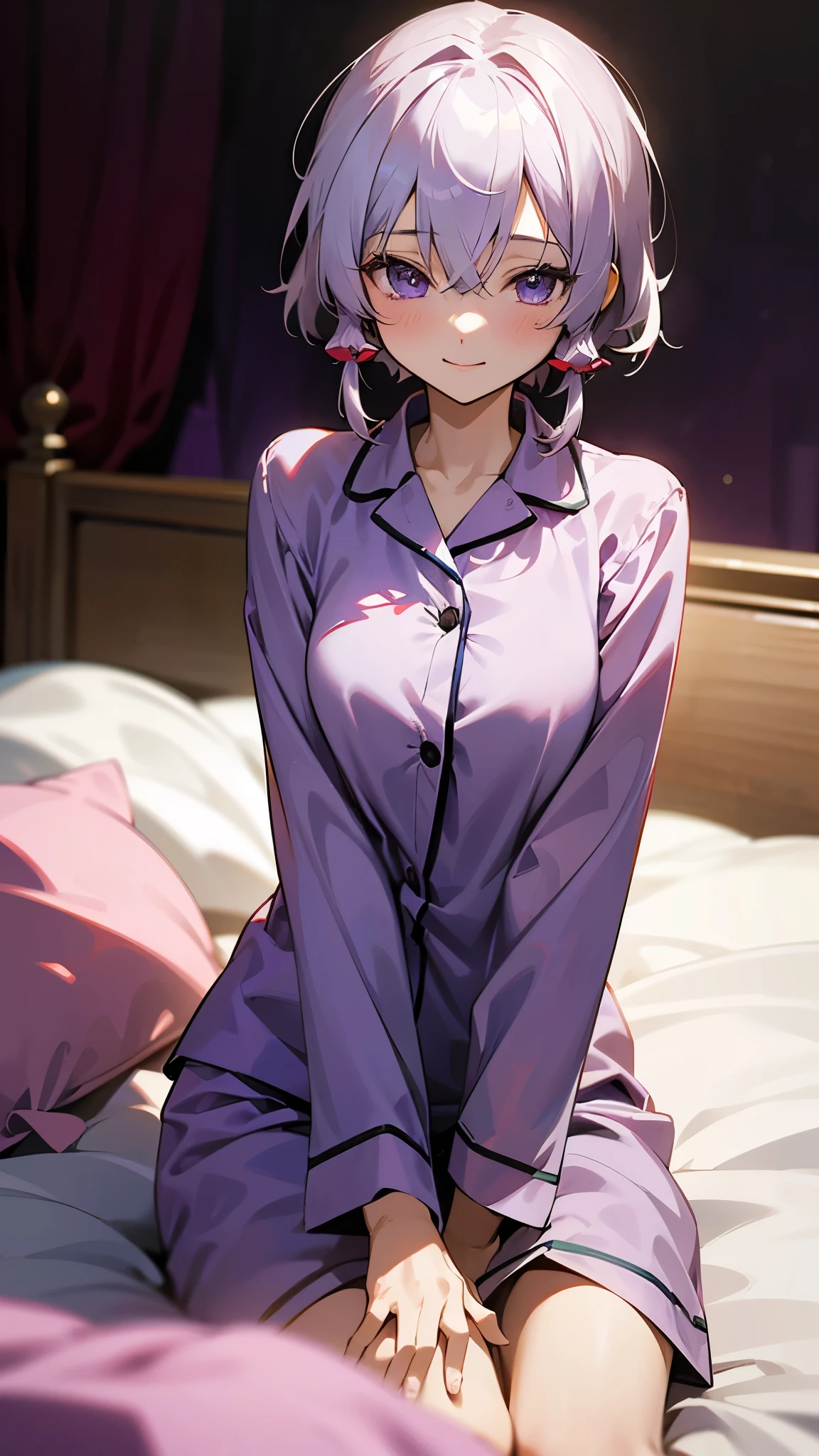 17 year old girl sitting on bed、solo、Anime-style paintings、Wearing pajamas、Yuzuki Yukari、Slim figure、Silvery white hair、short hair、(Hair between the eyes)、beautiful purple eyes、smile、smile、The soft texture of pajamas、Upper body close-up、Red and black based colors、Background blur、The depth of the drawn boundaries