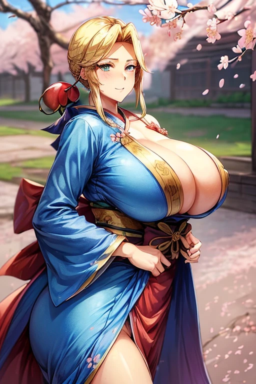 ((woman,(Huge breasts:1.8), very red lips,Huge breastsを強調,Big Ass,Narrow waist,Long legs,Are standing,greenish blue eyes)) 8K(((((Anime style face,(Anime style faceの描写しっかり) (1 girl:1.2), alone, Hime Cut,Traditional Japanese Clothing, Gentle smile Japanese costume,kimono,european style costume,Tight fitting clothes,Clothes that fit tightly to the body,Clothes that show off your body lines, Clear body lines,Tight-fitting clothing,Clothes that show off your bust,胸のラインがはっきりTight-fitting clothing, Break,Break顔,Handsome,A dashing face,There are cherry blossoms,The wind is blowing