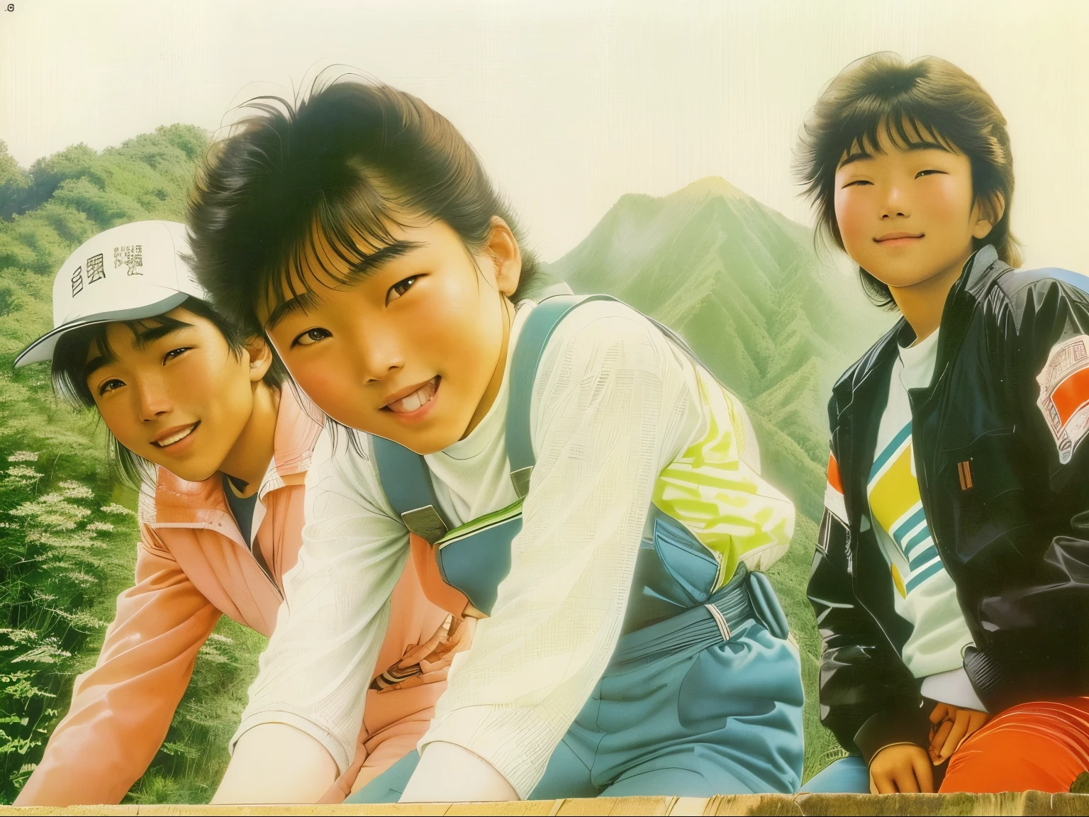 Three people are riding bicycles together on a mountain trail, Young Angel, photo from the 80s, childhood friend, 80's japanese photo, old photograph, About 3〜, Taken in the late 1980s, Zhen Ji, photo from the 80s, What to scan, 19photo from the 80s, 19photo from the 80s
