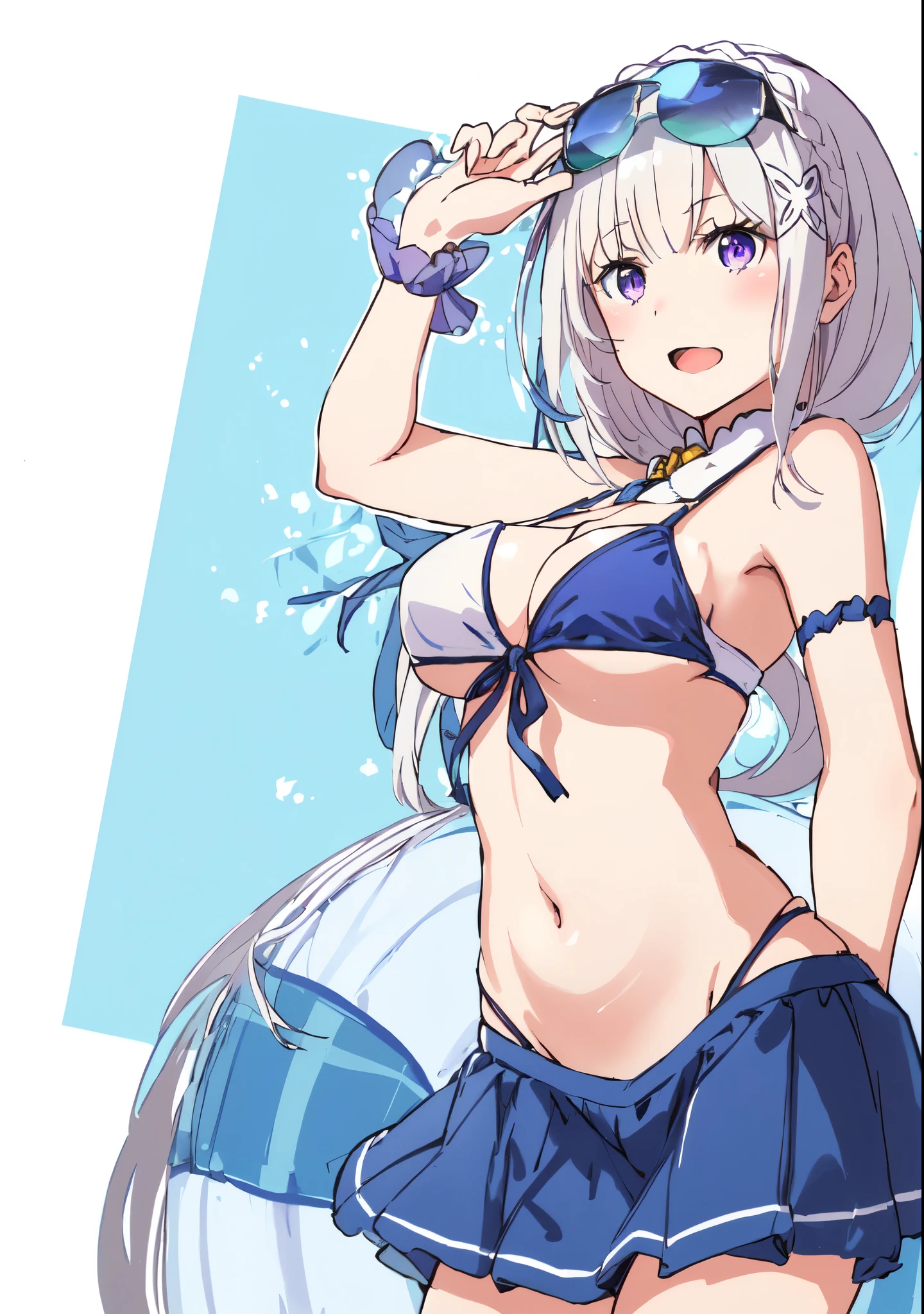 Emilia re:zero, purple eyes, Emilia, crown braid, x hair ornament, flower hair ornament, white hair, long hair, medium breasts, anime girl in a bikini and sunglasses standing on a beach, kantai collection style, seductive anime girl, , fubuki, is wearing a swimsuit, rei hiroe, shikamimi, anime moe artstyle, ecchi, in dress, attire: bikini, hajime yatate, in a bikini
