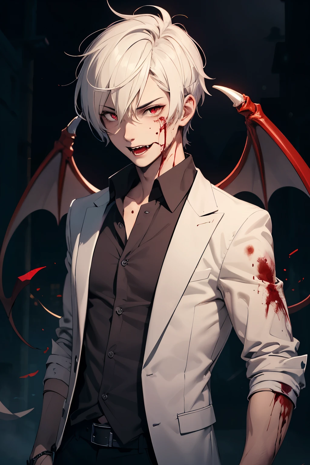 A cute guy with red eyes, white short hair, vampire wings, blood, vampire fangs, night background. Image with complete body.