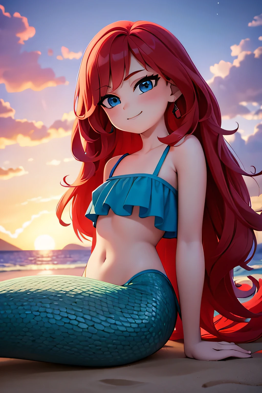 ruby, 1 girl, mermaid, age, Long Red hair, Medium Hair, Blue eyes, bare shoulders, medium breast, aqua ruffle crop top, a mermaid sitting on the beach, mermaid tail fin, scales on the mermaid’s tail, over the sea, beautiful purple sunset at beach, Sexy, masterpiece, High quality. 2D illustration, 2D flat, sit down, Masterpiece, 8K, HDR, portrait, smile