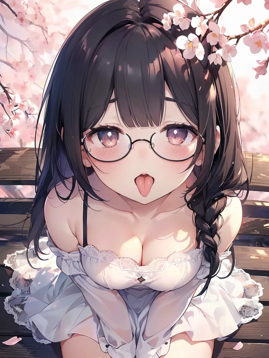 Very detailed, highest quality, High resolution, Moe Anime, ((Cute girl with black hair and droopy eyes)), ((Wearing large round glasses:1.4)), (Baby Face), Cute eyes, Detailed eye depiction, Sparkle in the eyes, View your viewers, Pale skin, (Big eyes:1.4, Droopy eyes:1.4, Fatty face:1.4), smile, Focus on the face, In the park with cherry blossoms falling, Sitting, (Extreme close up of tongue), (((From above))), Open your mouth, (((Face only:1.3))), ((White lace off-the-shoulder dress)), Bright Eyes, Light from the front, (Put your hands between your legs:1.4), large and long tongue, Cleavage