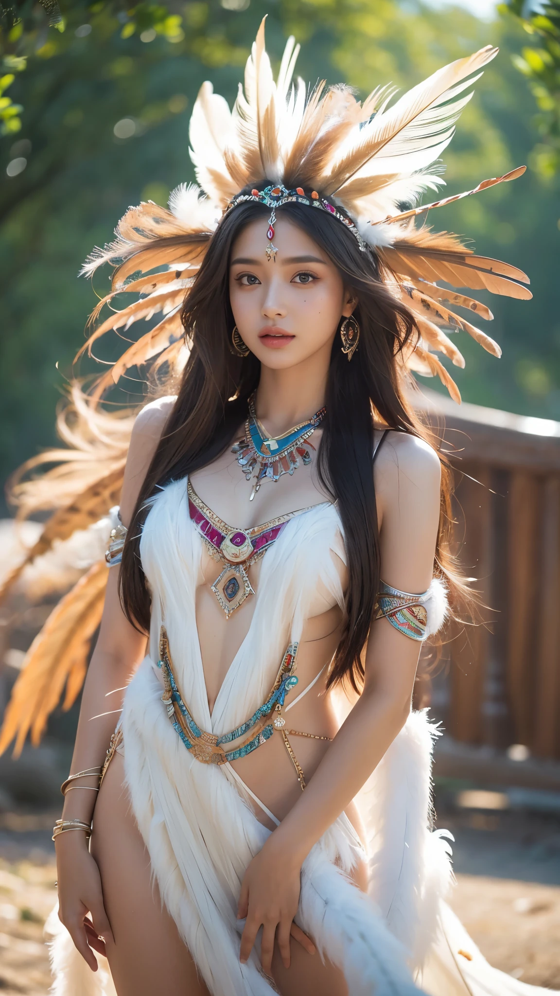 Exotic beautiful native American princess, female,very small revealing dress made with feathers, magic, alluring, sultry, full-length, female-body, hazel-eyes, bright, , OverallDetail. beautiful blurry background, perfect face and eyes, hyper-detailed hypermaximalist dynamic