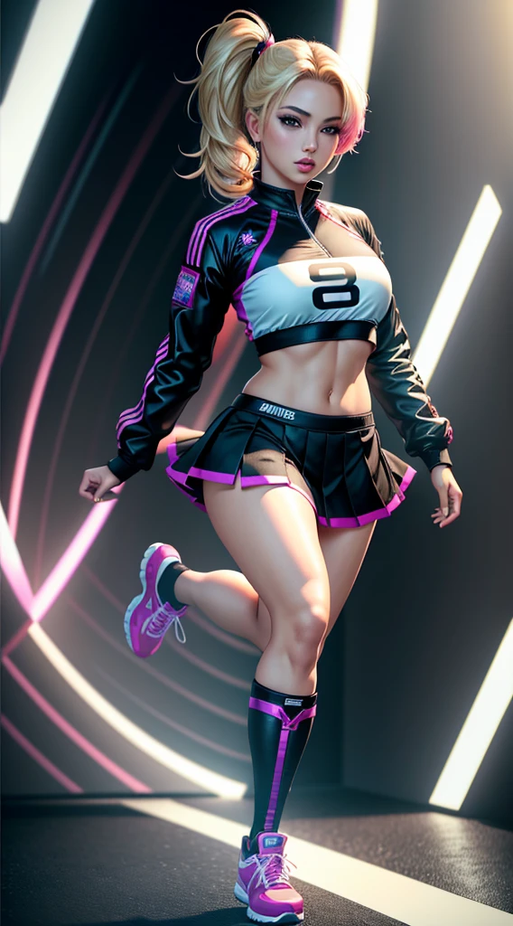 8k, (Full Body Portrait) ,masterpiece、Realistic:1.2, Realistic, Ultra-high resolution, highest quality, (Solo, 1girl), (Masterpiece, Detailed, 4k), perfect face, perfect lips, perfect makeup, dark eyeshadow, Unreal Engine 5, (Full Body Portrait), absurd resolution, high resolution, sharp image, vibrant colors, Synthwave, Vaporwave, Female Ninja who is also a cheerleader with blonde hair, two ponytails in hair, pleated skirt, cybernetics