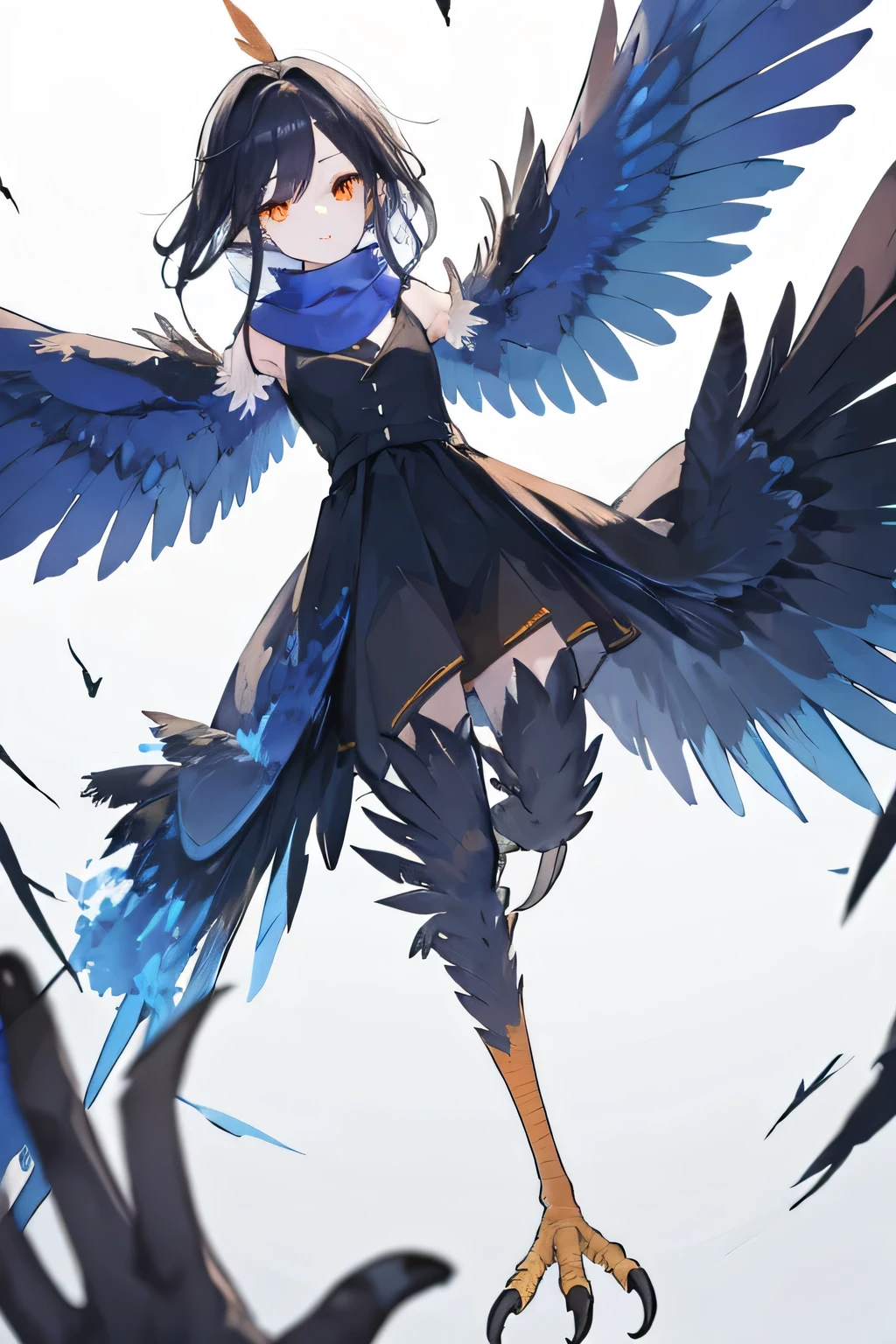 ((harpy winged arms:1.4))beautiful black hair,blunt cut ,orange eyes,blue scarf,black feather,raven,