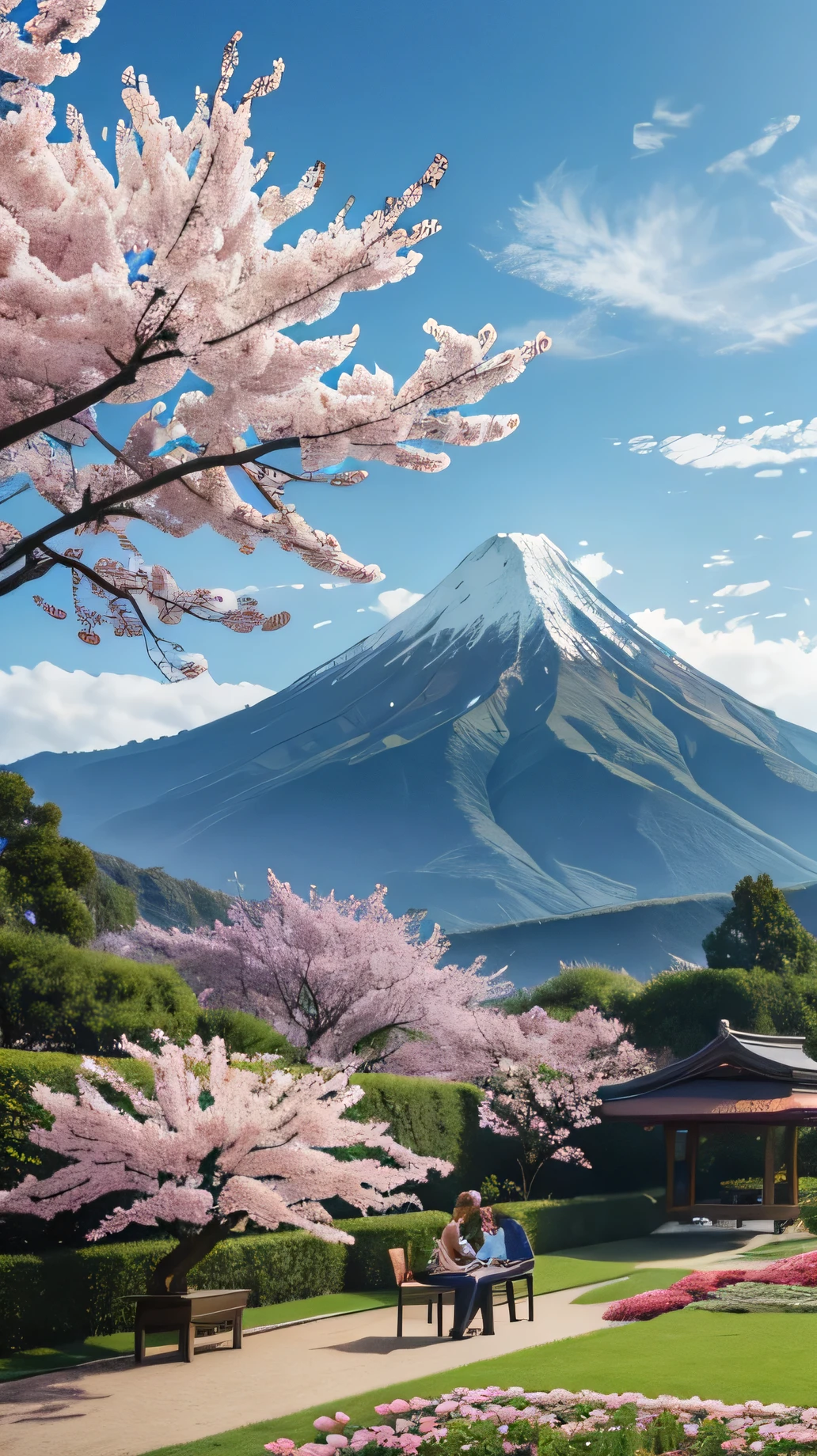 Image of a big garden with a sakura trees and beautiful flowers and a couple sitting beneath a tree with a cloudy sky and a mountain in the background