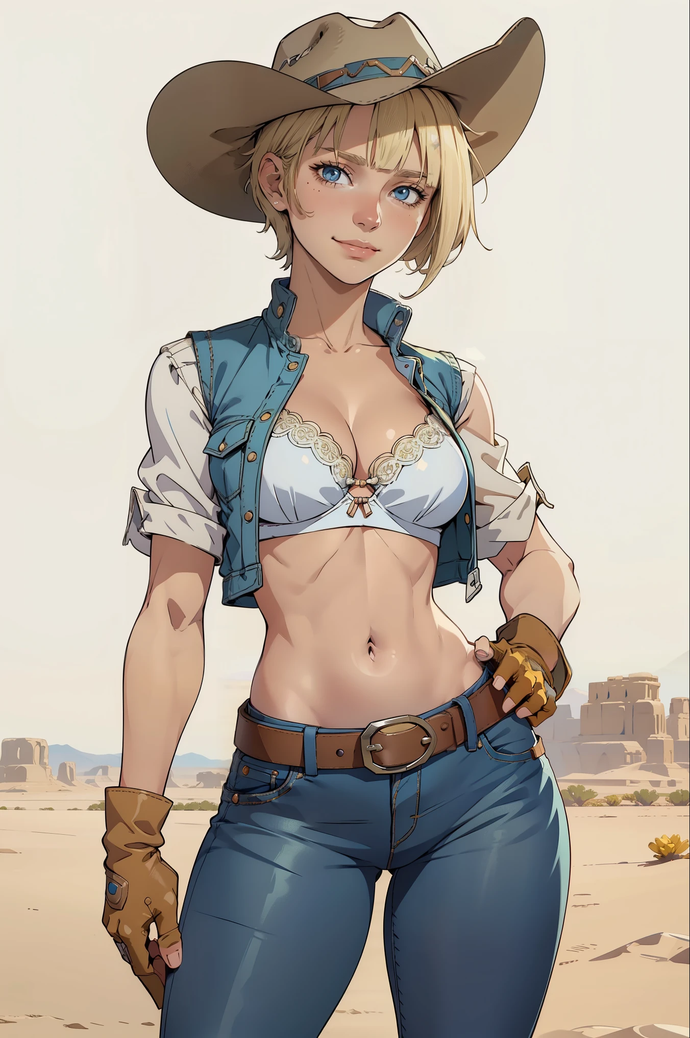 1girl, cowboy hat, white bra, green vest, no sleeves, navel, blue jeans, brown boots, fingerless gloves, short gloves, slight smile, short hair, blonde hair, parted bangs, blue eyes, mole under right eye, American Old West, sunny desert background, belt, best quality, masterpiece