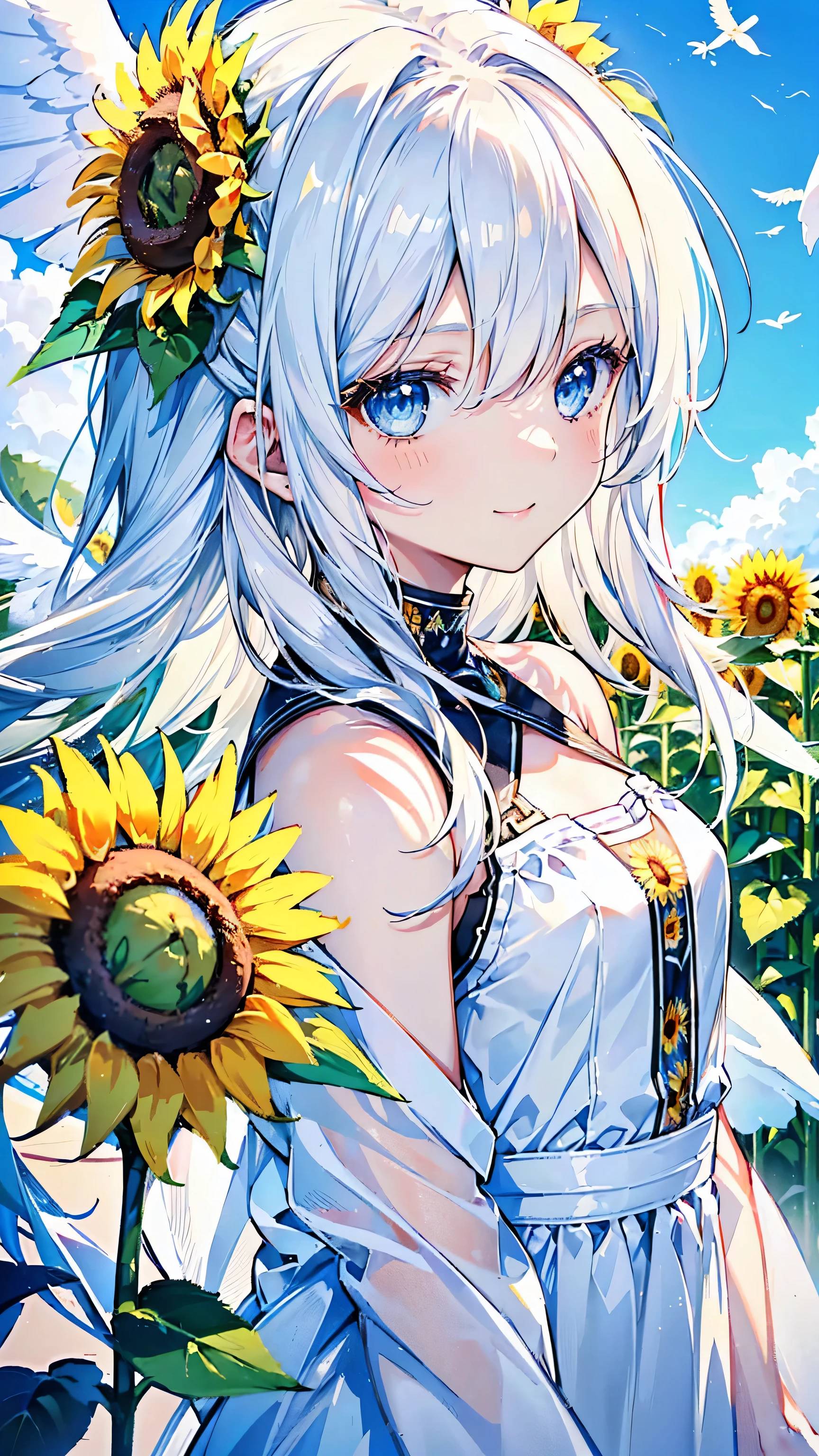 One and one、A beautiful woman with long white hair and blue eyes and a plain white cat、women are(Face close-up、24-years-old、Adorable、Very happy smile、Angel wings on the back、White clothing embroidered with small sunflowers、She has sunflowers in her hair)