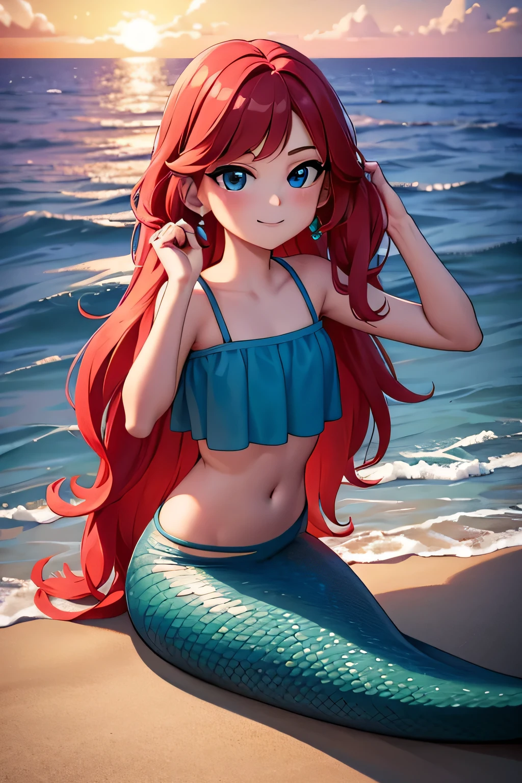 ruby, 1 girl, mermaid, Teenage, Long Red hair, Medium Hair, Blue eyes, bare shoulders, medium breast, aqua ruffle crop top, a mermaid sitting on the beach, mermaid tail fin, scales on the mermaid’s tail, over the sea, beautiful purple sunset at beach, Sexy, masterpiece, High quality. 2D illustration, 2D flat, sit down, Masterpiece, 8K, HDR, portrait, smile