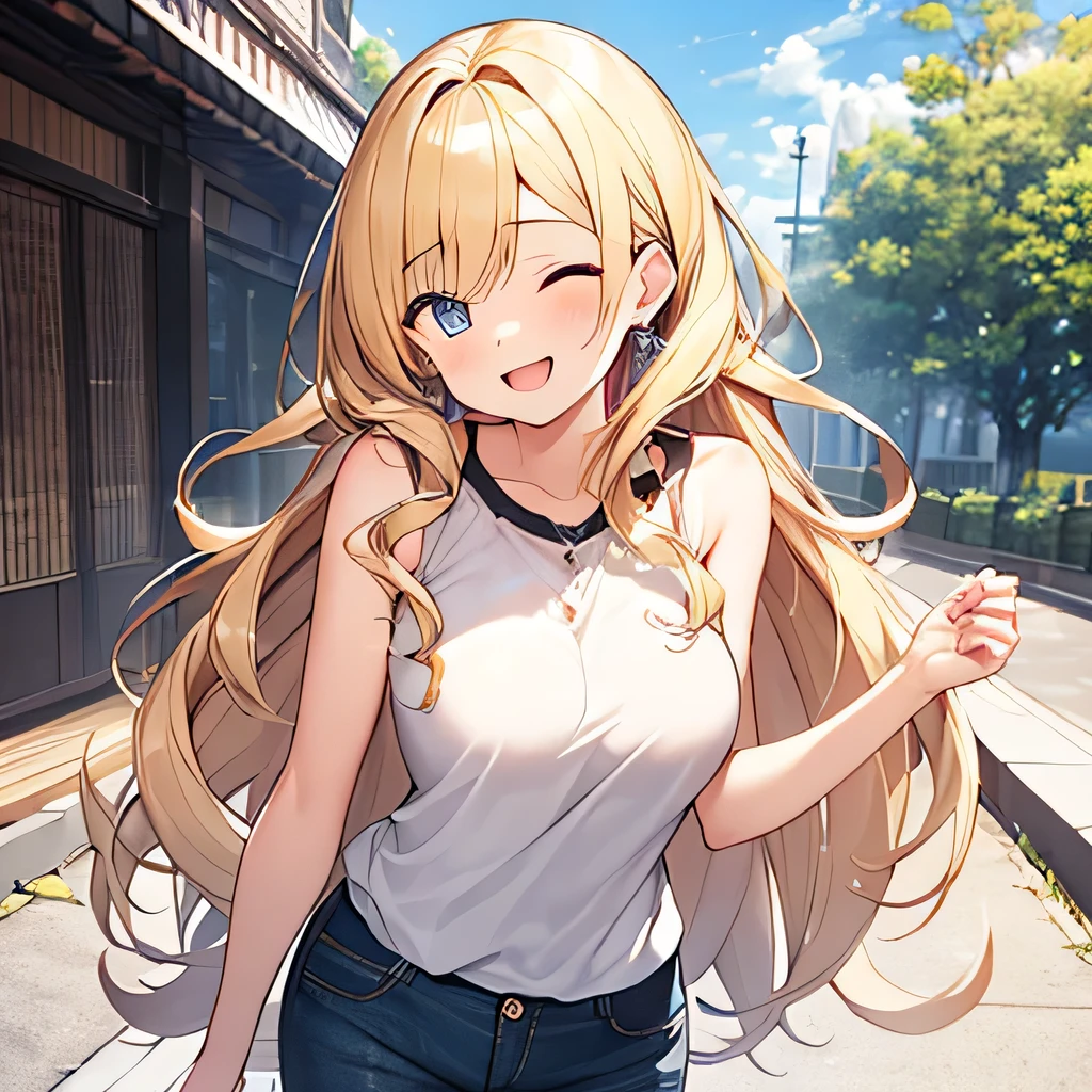 masterpiece、highest quality,Very detailed, Absurd beauty、1 beautiful girl、 (Semi-long hair、blonde、Ample breasts), Curly Hair、Keep your head small、Casual clothing、Summer clothes、Laugh with your eyes closed、Big smile、Shyness