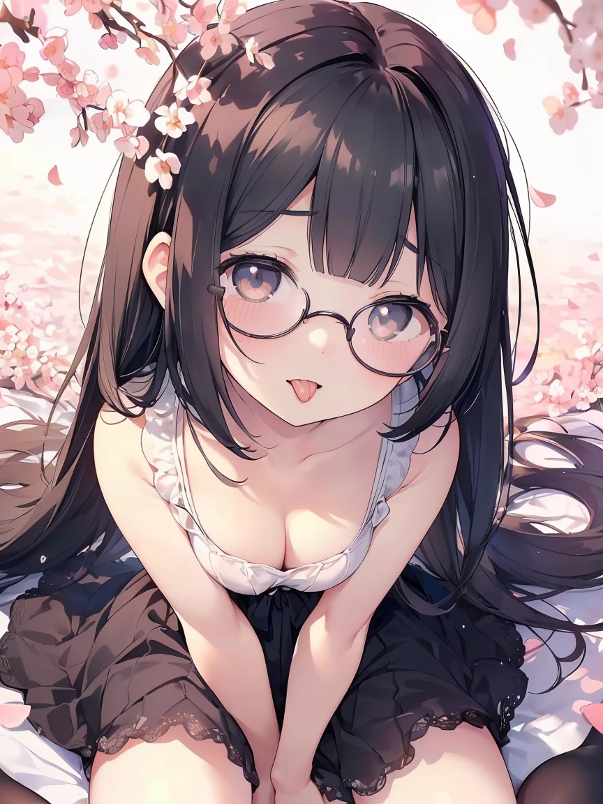 Very detailed, highest quality, High resolution, Moe Anime, ((Cute girl with black hair and droopy eyes)), ((Wearing large round glasses:1.4)), (Baby Face), Cute eyes, Detailed eye depiction, Sparkle in the eyes, View your viewers, Pale skin, (Big eyes:1.4, Droopy eyes:1.4, Fatty face:1.4), smile, Focus on the face, In the park with cherry blossoms falling, Sitting, (Extreme close up of tongue), (((From above))), Open your mouth, (((Face only:1.3))), ((white lace sleeveless dress)), Bright Eyes, Light from the front, (Put your hands between your legs:1.4), large and long tongue, Cleavage