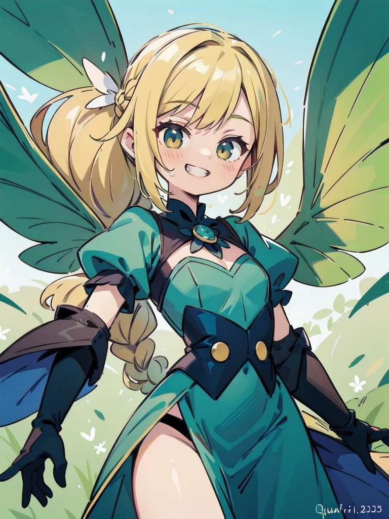 fantasy art, flying fairy girl, wearing fairy wings, blond hair, braid hair, grin, Pastel neon colors,high-saturation, best-quarity,